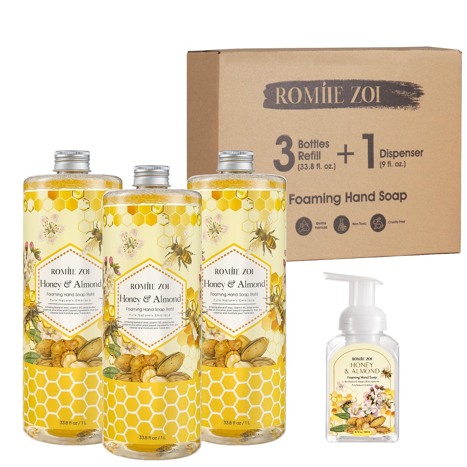 Natural Honey & Almond Scented Foaming Hand Soap Refill Gift Set - 3 Pack with Dispenser, Non-Toxic and Biodegradable Formula, Moisturizing Essential Oils for Sensitive Skin (33.8 Fl Oz x 3)