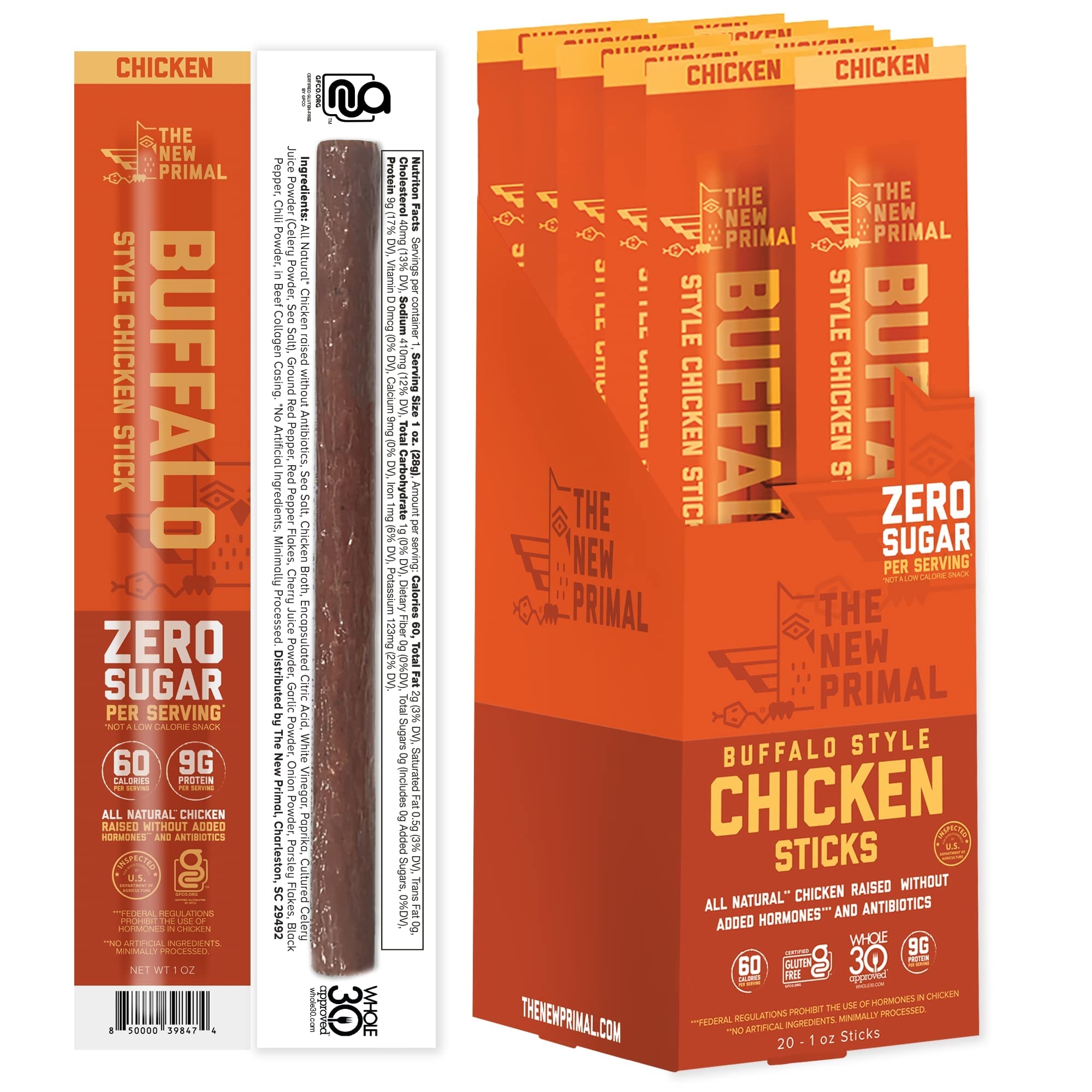New Primal Buffalo Chicken Sticks, Keto, Gluten Free Healthy Snacks, Sugar Free Low Carb High Protein, Jerky Meat Stick, 9g Protein, 20 Ct