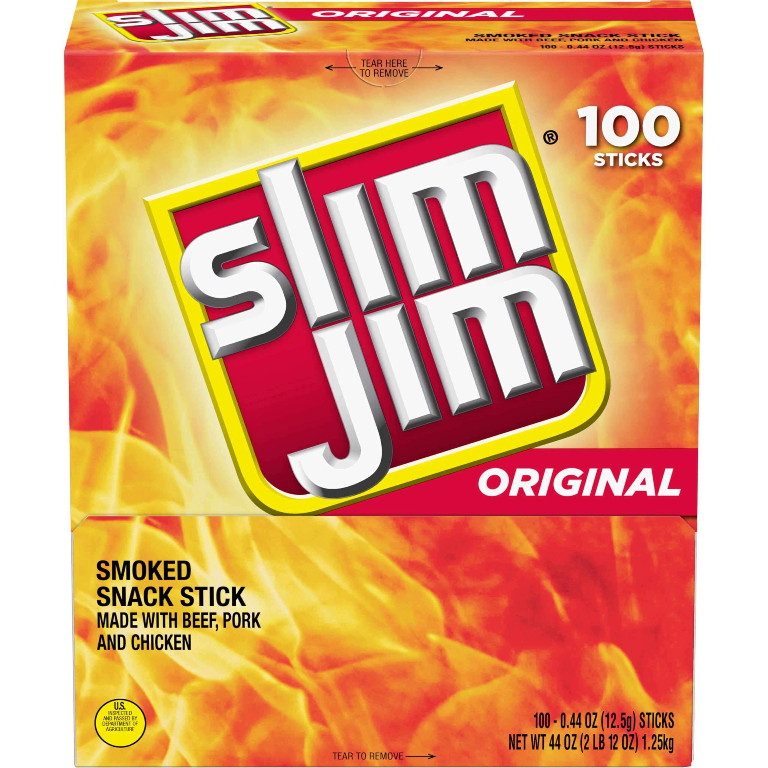 Slim Jim Smoked Meat Sticks, Original Flavor, 2g Protein Per Stick, Snack Size, 0.44 oz. (100 Count)