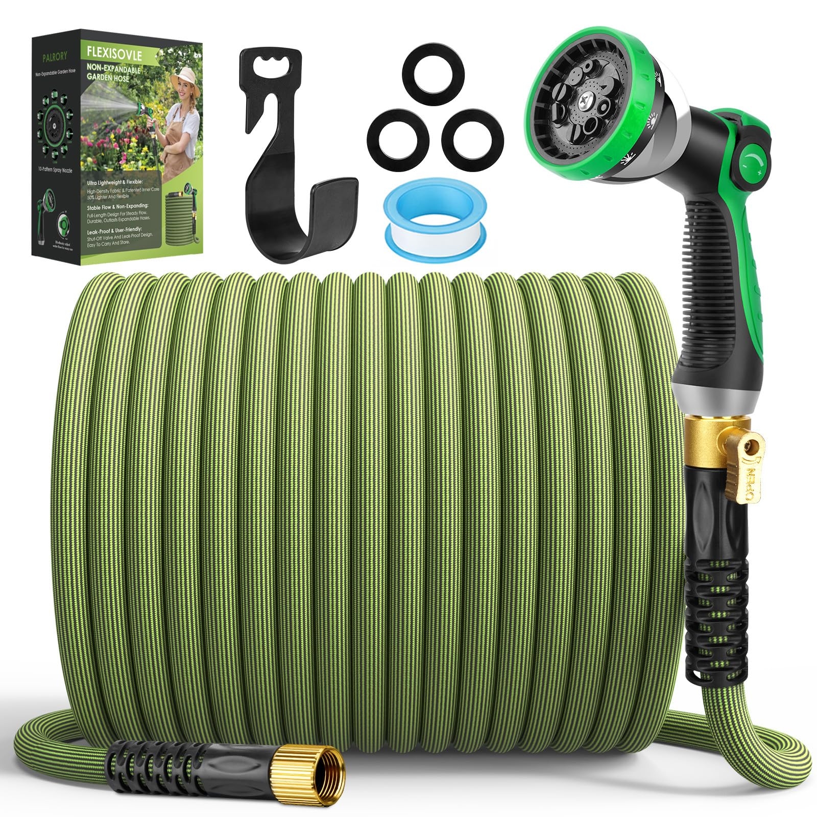 PALRORY Non-Expandable Garden Hose 100 ft, Ultra Lightweight Flexible Water Hose with 10-Pattern Nozzle, Leak-Proof, High-Density Fabric, Thickened Connector, Shut-Off Valve for Yard, Lawn, Outdoor