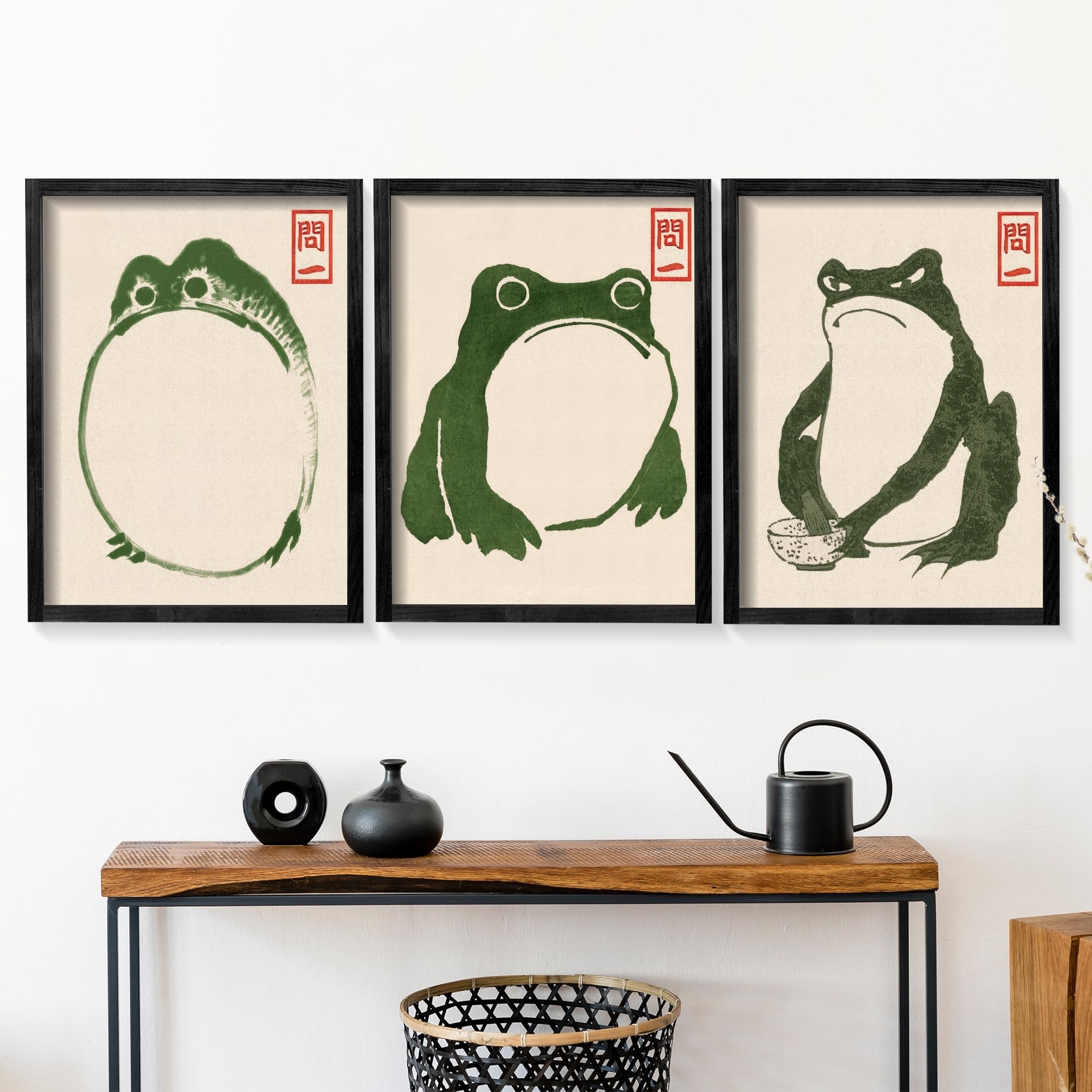 Houmury Set of 3 Framed Japanese Frog Wall Art Decor Vintage Wall Signs Cute Minimalist Decors