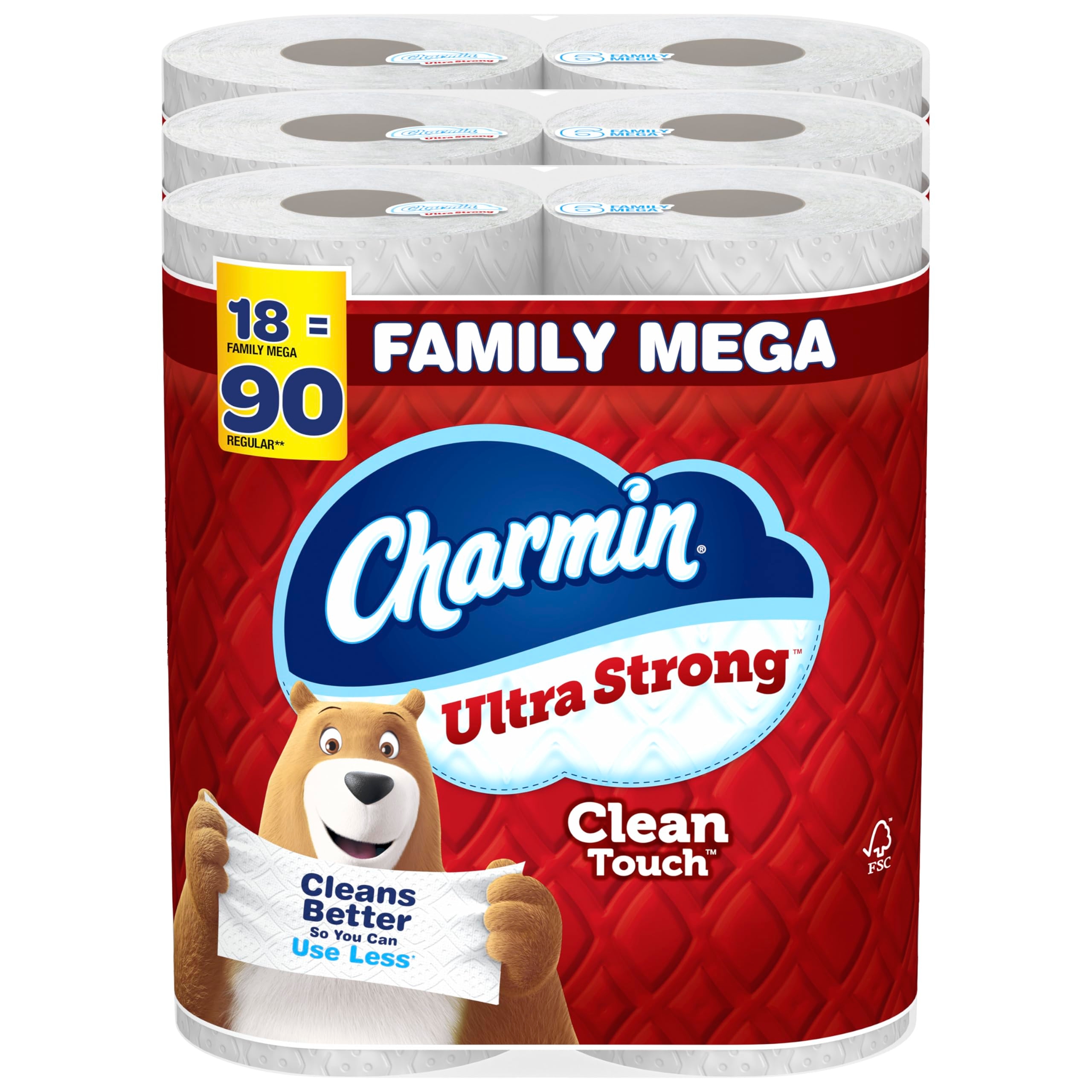 Charmin Ultra Strong Clean Touch Toilet Paper, 18 Family Mega Rolls = 90 Regular Rolls