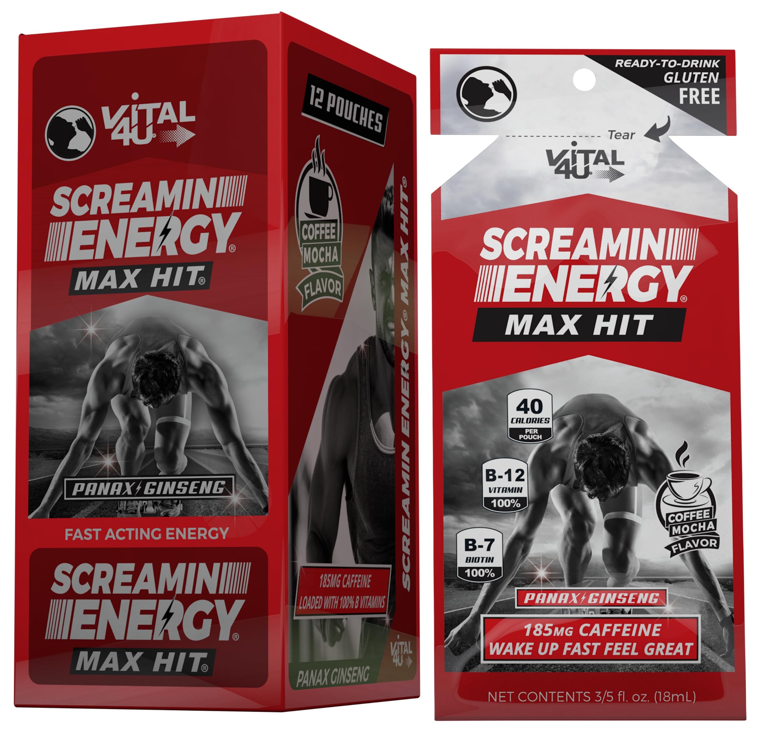 Screamin Energy Max Hit - Energy Shots Extra Strength with Ginseng & Caffeine - 100% B-1, B-2, B-3, B-6, B-7 and B12 Coffee Mocha, 24 Count