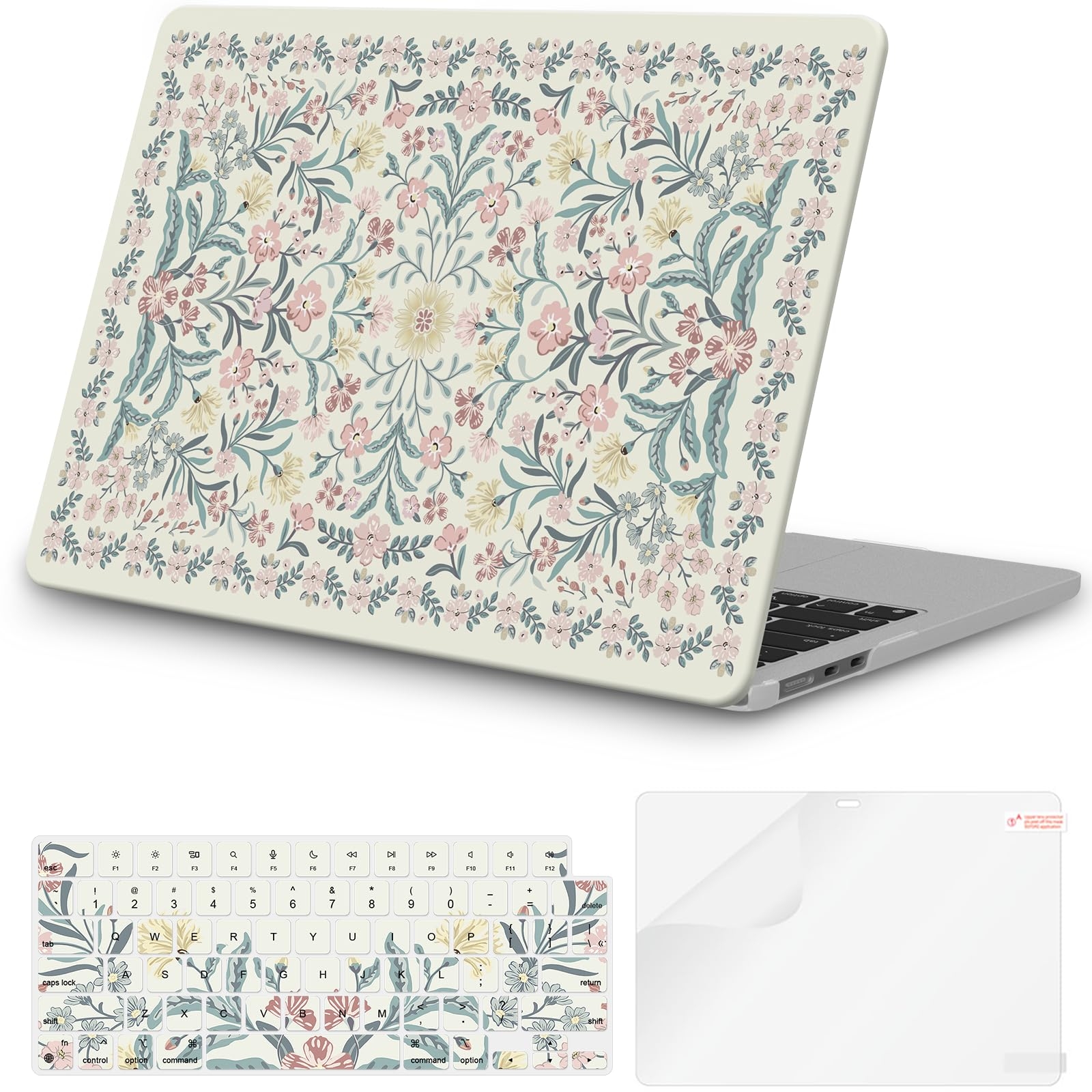 iCasso for M4 MacBook Air 13 inch Case 2025 2024-2022 M3 M2 Model A 3240 A3113 A2681, Sturdy Protective Pattern Plastic Hard Shell Case for Mac Air 13.6", Keyboard Cover + Screen Protector, Pink Boho