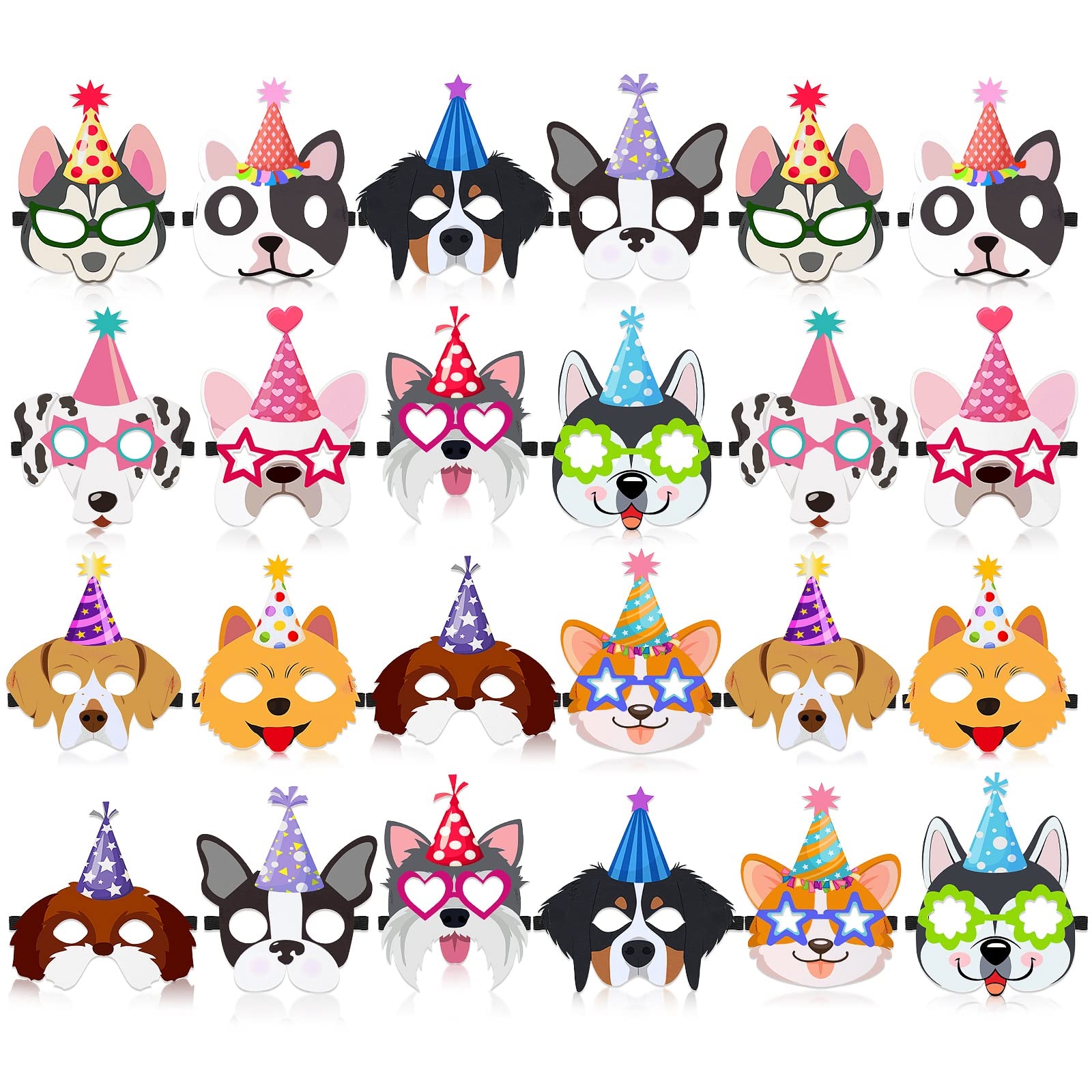 SEEWEY 24 Pcs Dog Puppy Party Favor Masks for Kids Puppy Themed Birthday Party Decoration Funny Soft Felt Dog Masks Pet Birthday Animal Costume Cosplay Supplies, 12 Styles