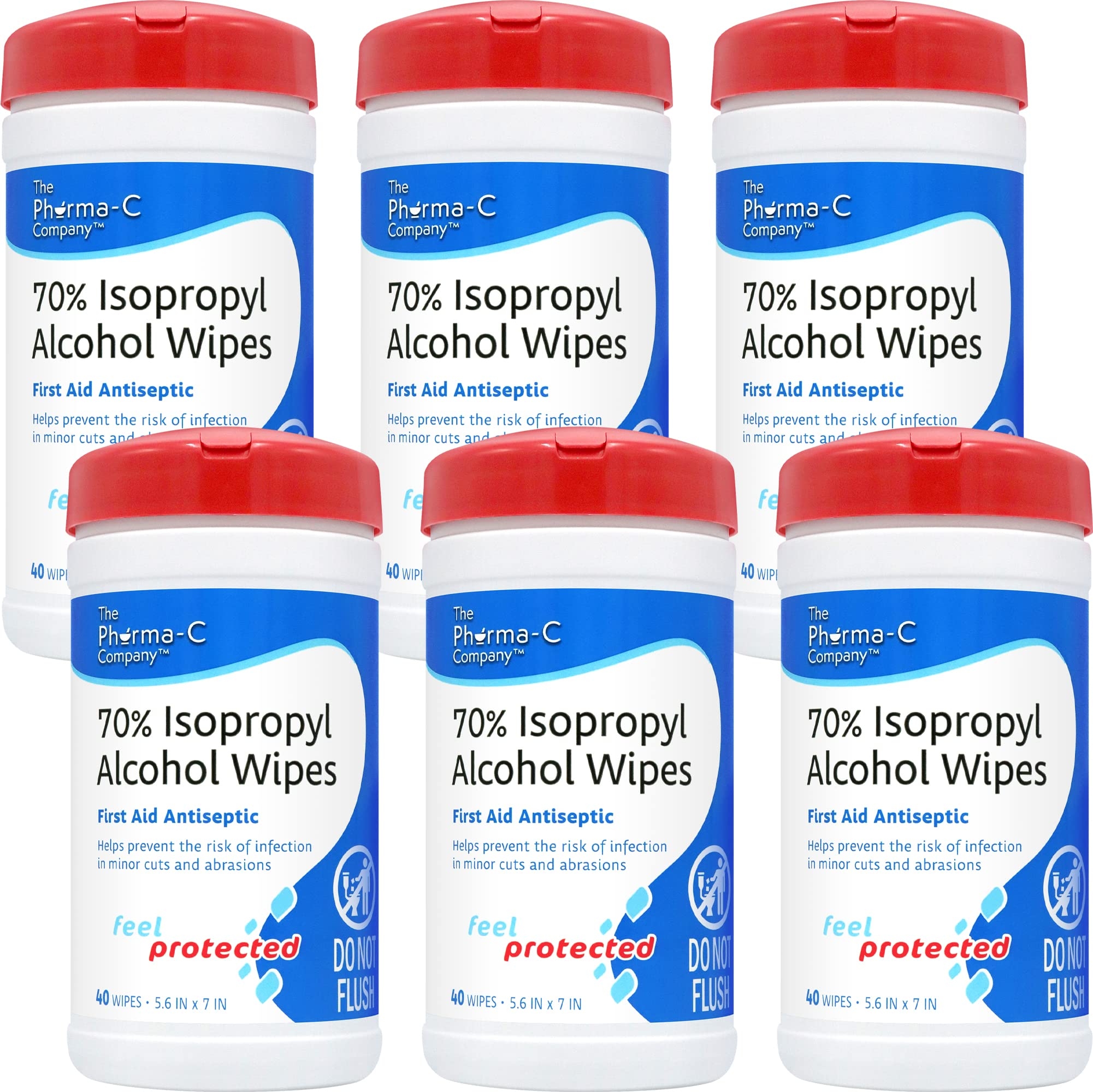 Pharma-C 70% Isopropyl Alcohol Wipes [6 pack - 40ct Canisters] - Bulk IPA First Aid Antiseptic Wound Cleaner with Moisture Lock Lid. For minor cuts, scrapes, and burns.