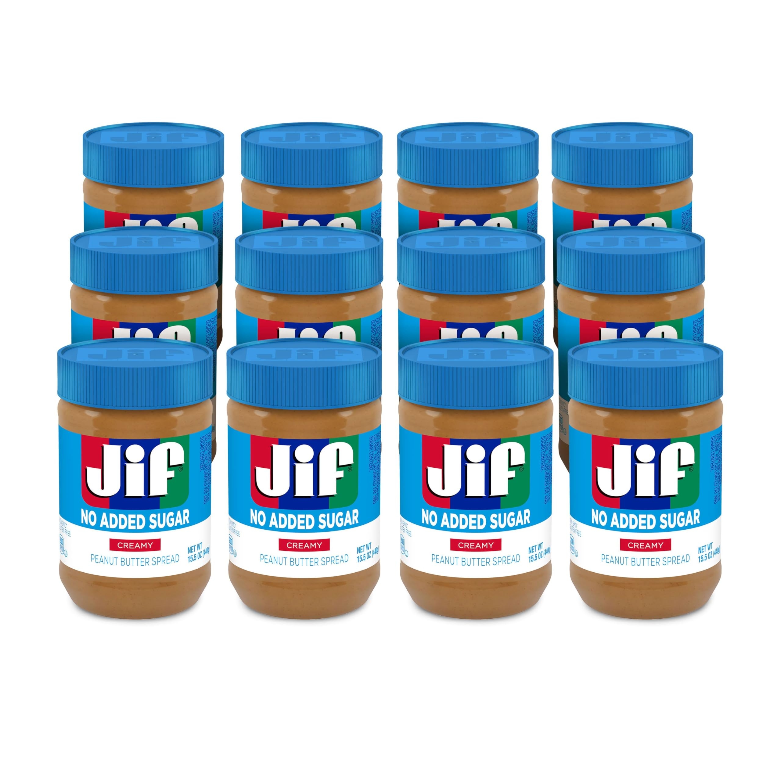 Jif No Added Sugar Creamy Peanut Butter Spread, 15.5 Ounces (Pack of 12), Smooth, Creamy Texture, No Stir Peanut Butter Spread