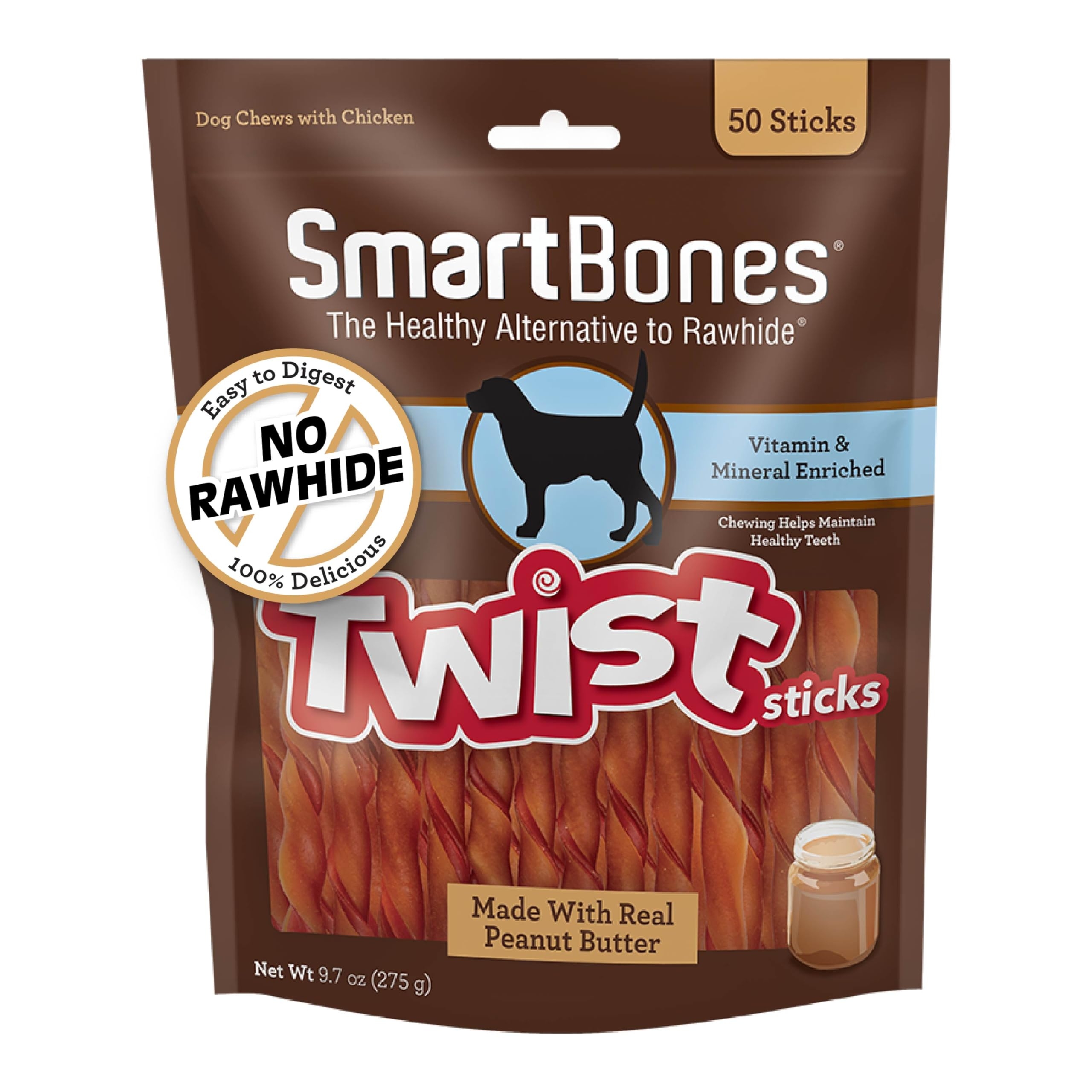 SmartBones Smart Twist Sticks With Peanut Butter, Rawhide-Free Chews For Dogs, 50 Count