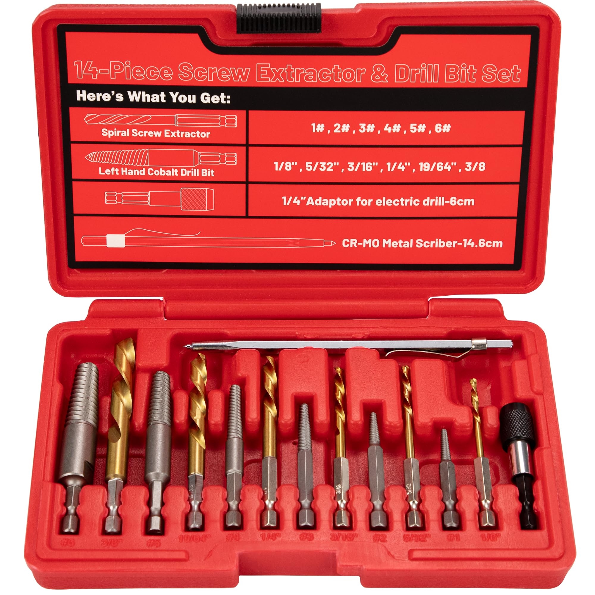 UYECOVE 14PCS Spiral Screw Extractor Set with Tungsten Carbide Tip Scriber Pen - 6542/4341 HSS Steel Cobalt Left Hand Drill Bits Set - 1/4'' Adapter - Removing Stripped Screws Bolts