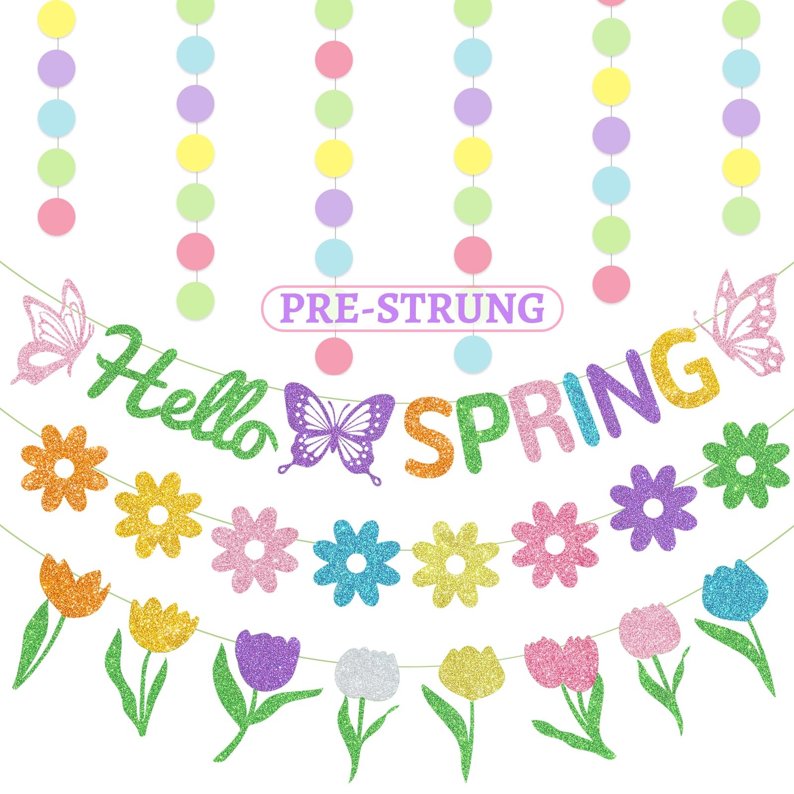 5PCS Pre-Strung Hello Spring Banner, Spring Party Decorations Spring Decorations with Hello Spring Flowers Tulips Banner Circle Garland - Spring Decorations for Office Classroom Easter Party Home