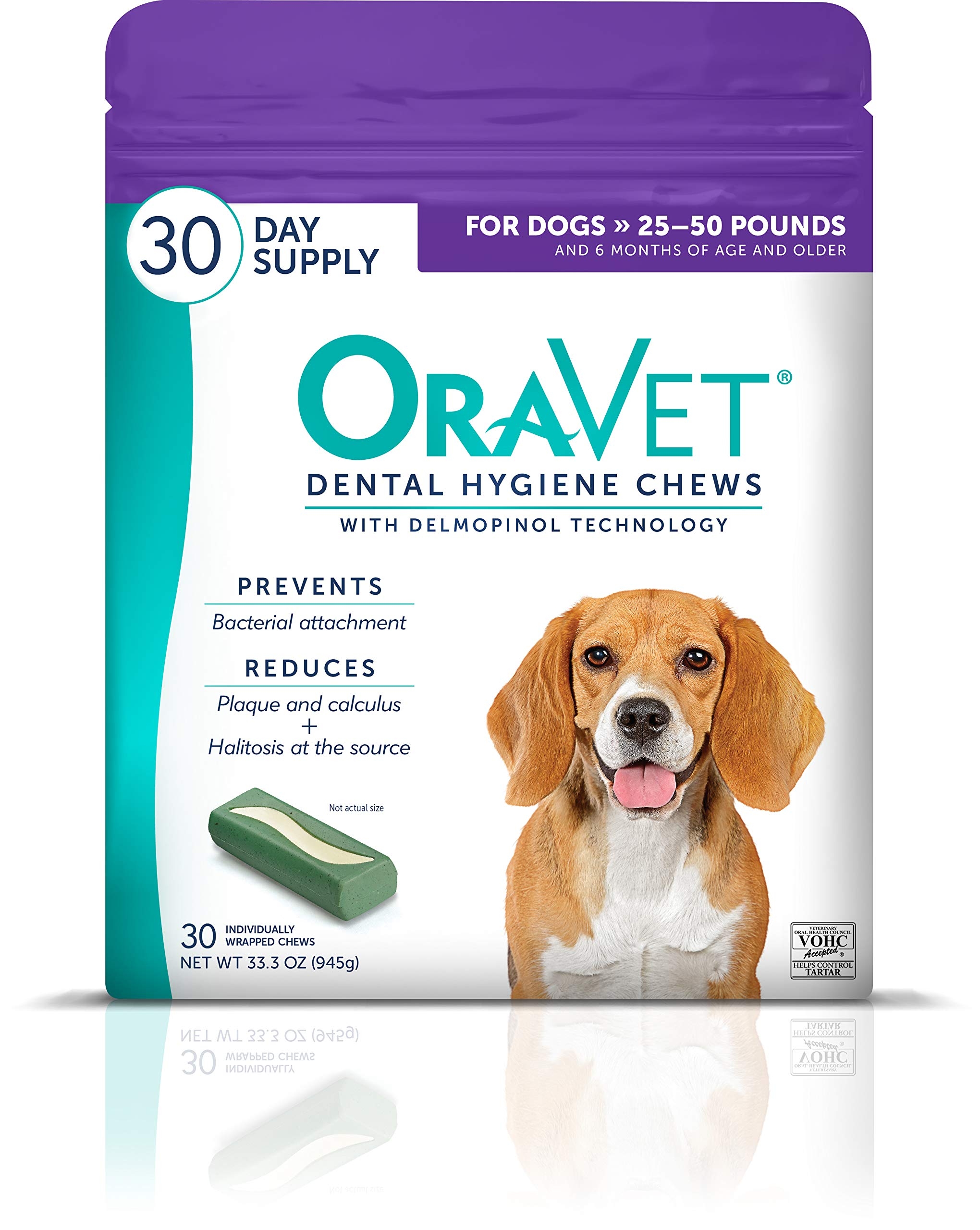 ORAVET Dental Chews for Dogs, Oral Care and Hygiene Chews (Medium Dogs, 25-50 lbs.) Purple Pouch, 30 Count