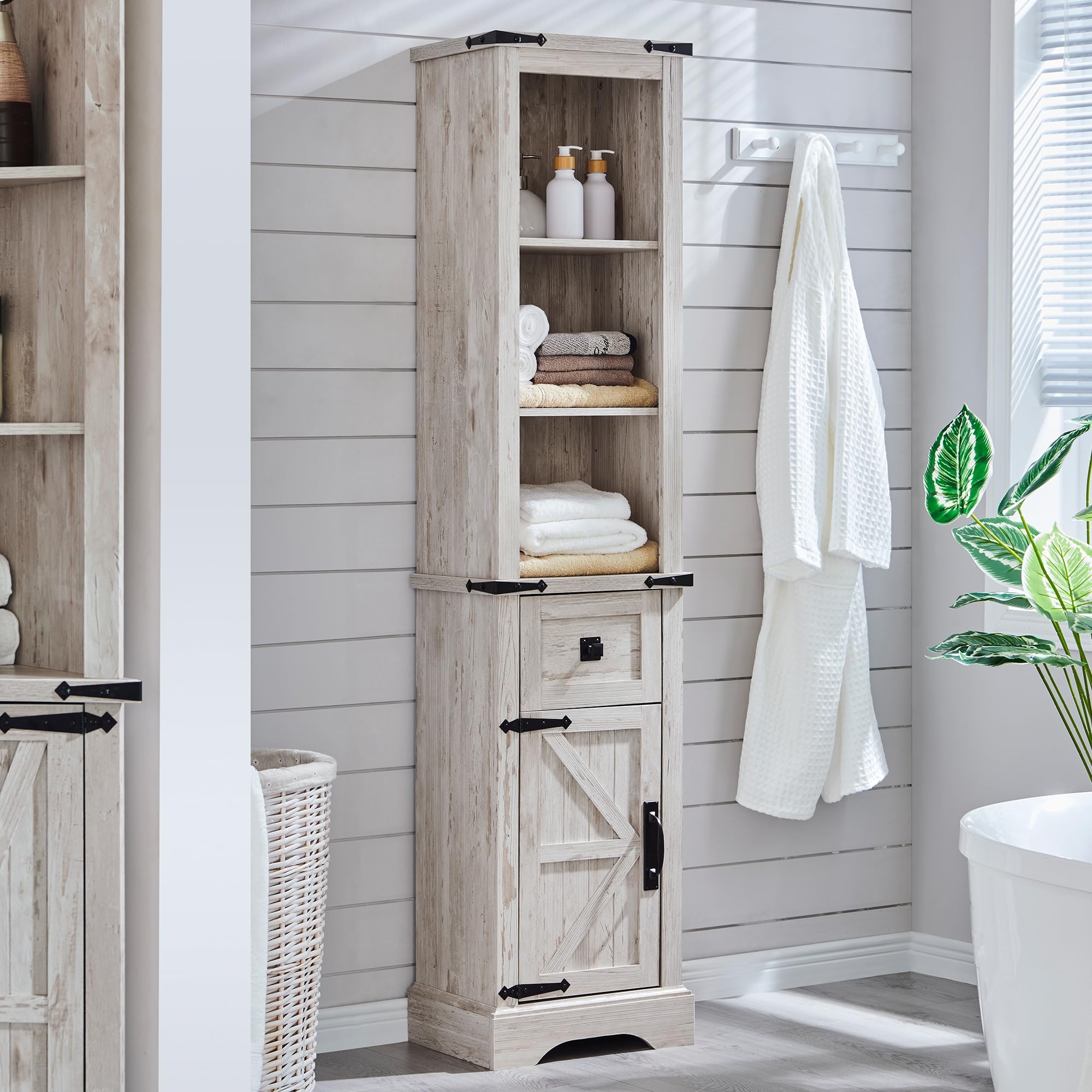 RedLemon Farmhouse Slim Bathroom Storage Cabinet, 68" Tall Storage Cabinet with Drawer & Adjustable Shelves, Rustic Narrow Storage Cabinet for Living Room, Bathroom, Kitchen, Antique Brush White