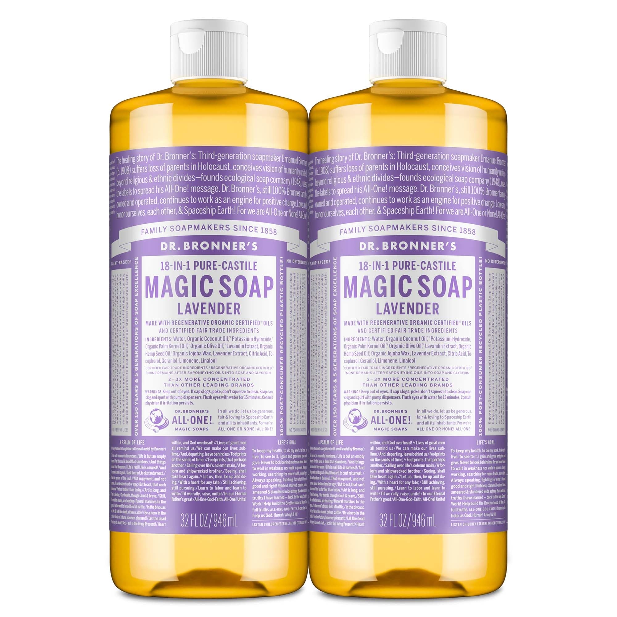 Dr. Bronner's Magic Soap - Pure-Castile Liquid Soap (Lavender, 32 ounce, 2-Pack) -Regenerative Organic Certified Oils, 18-in-1 Uses: Body, Hair, Laundry, Pets & Dishes, Concentrated, Vegan, Non-GMO
