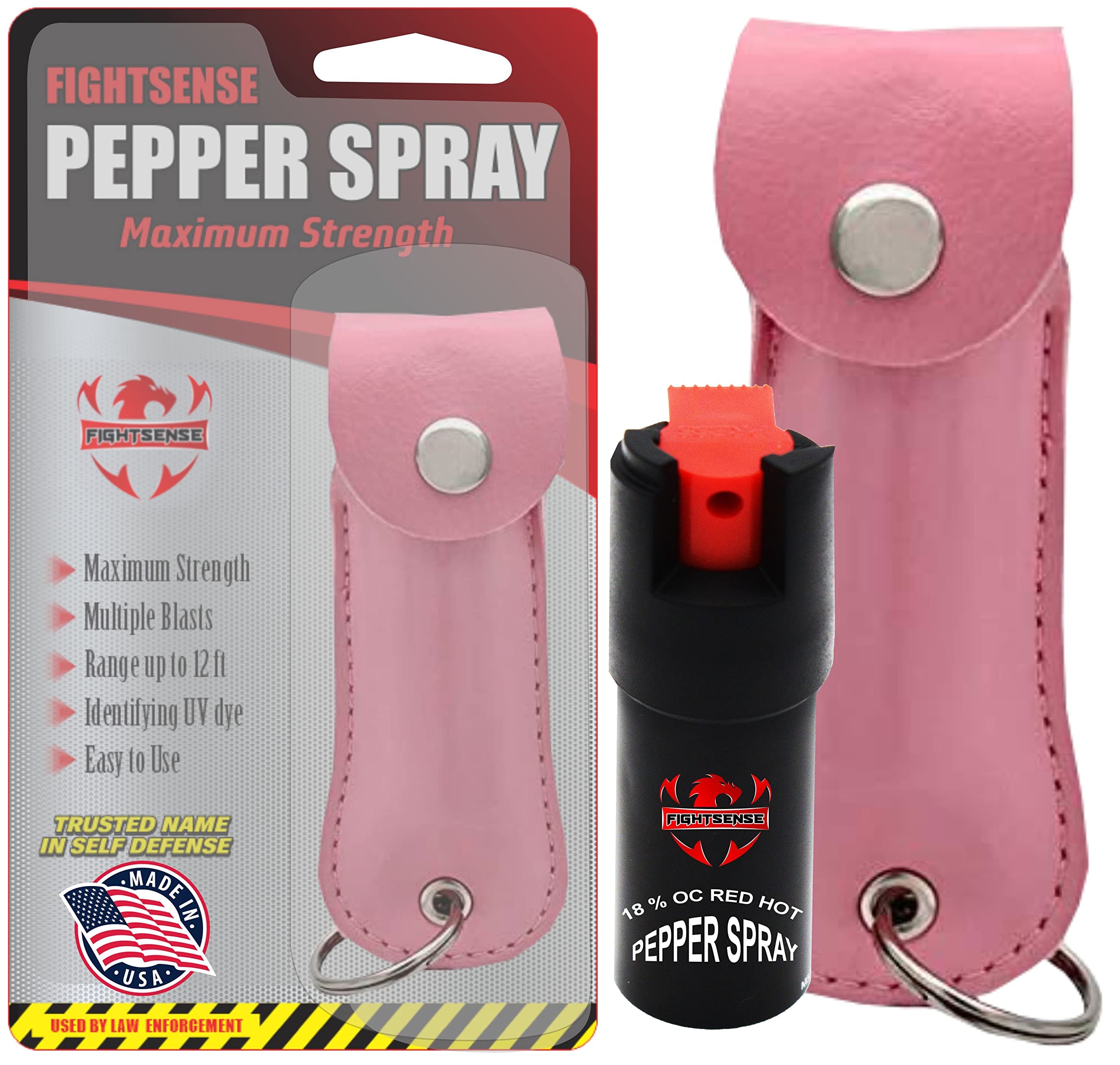 FIGHTSENSE Self Defense Pepper Spray - 1/2 oz Compact Size Maximum Strength Police Grade Formula Best Self Defense Tool for Women W/Leather Pouch Keychain