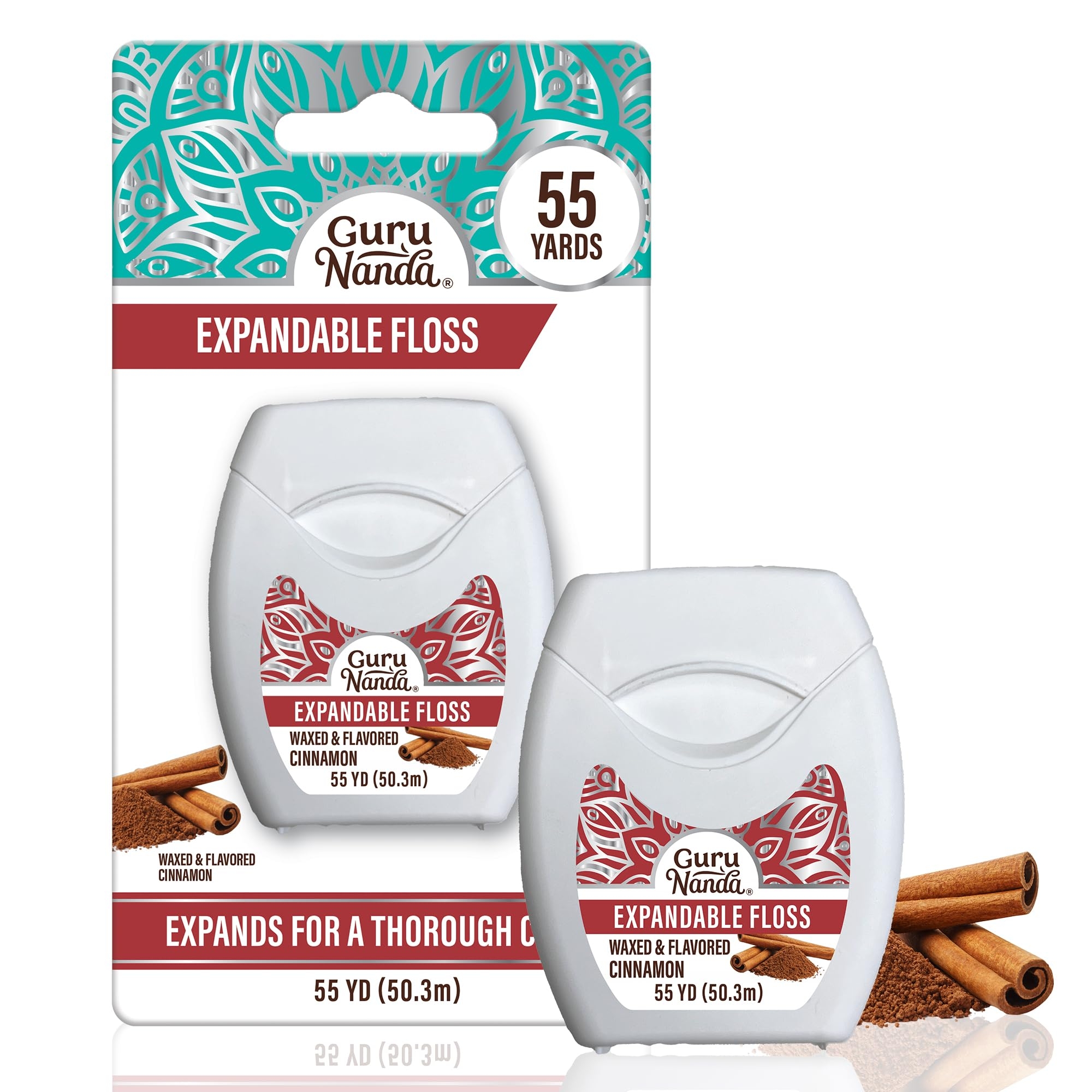 GuruNanda Expandable Waxed Dental Floss for Gentle, Deep Cleaning Wide Teeth Flossing - Cinnamon Flavor - 55 Yards
