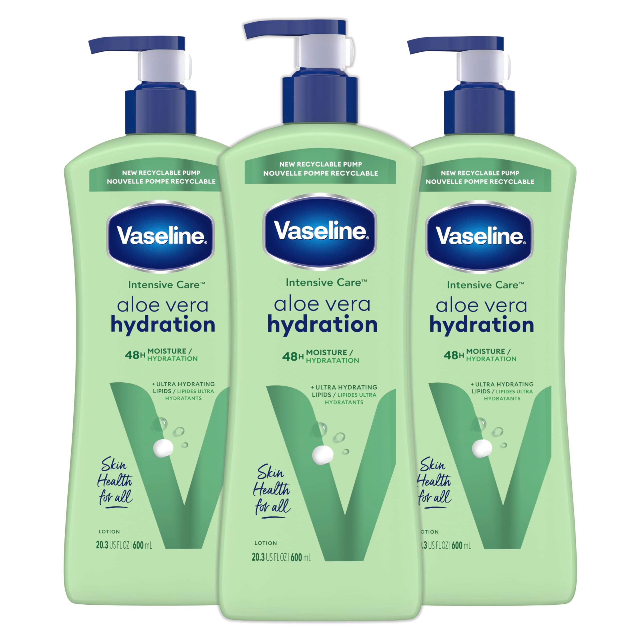 Vaseline Intensive Care Body Lotion for Dry Skin Soothing Hydration Lotion Made with Ultra-Hydrating Lipids + 1% Aloe Vera Extract to Refresh Dehydrated Skin 20.3 oz, Pack of 3