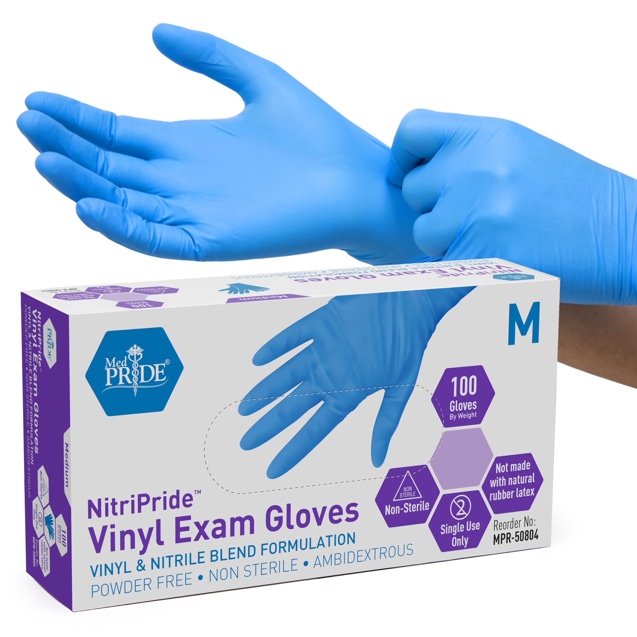 MED PRIDE Disposable Multipurpose Hand Protection Nitrile-Vinyl Blend Exam Gloves, Medium 100 - Powder, Latex & Rubber Free - Single Use Non-Sterile Protective Gloves