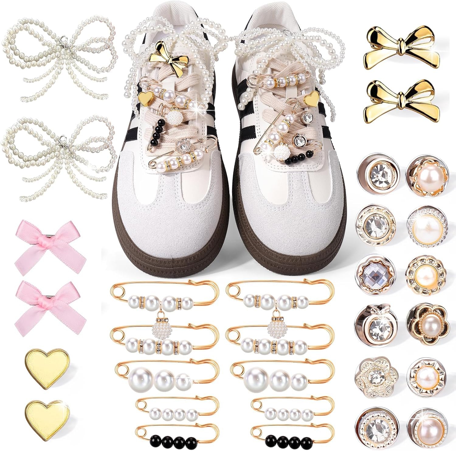 pequano Shoes Charms for Sneakers Socks, 30/43pcs Pearl Shoe Lace Jewelry, Junk Socks Charms Pins, Stylish Shoe Decoration Charms for Women, Brooch Pins Buttons for Clothes, Hats Decoratin