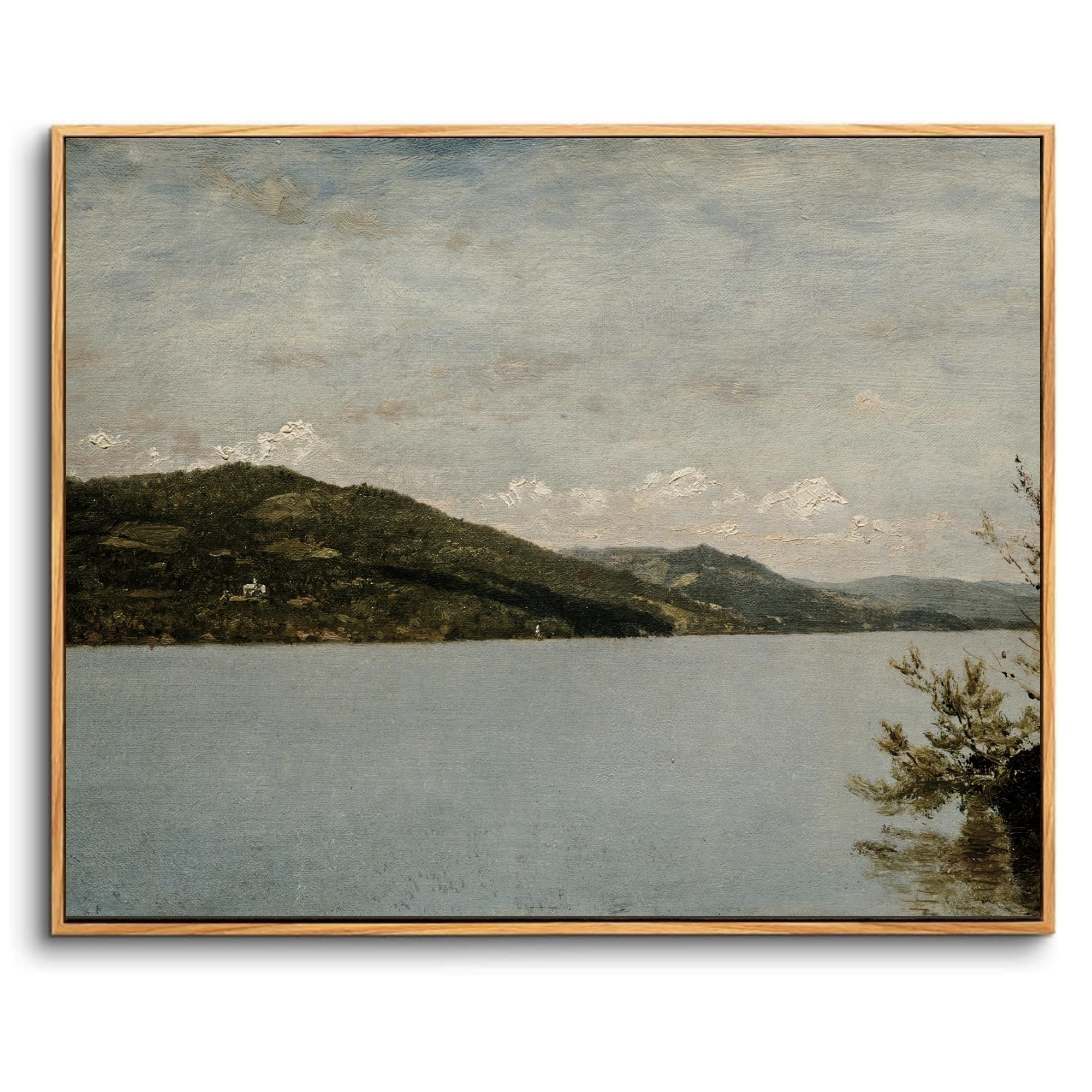 crmotu Framed Canvas Wall Art, Lake Landscape Vintage Large Artwork, Nature Scenery Retro Art Prints, Mountain River Moody Wall Painting for Living Room Bedroom Bathroom Office Decor Aesthetic 24x36in