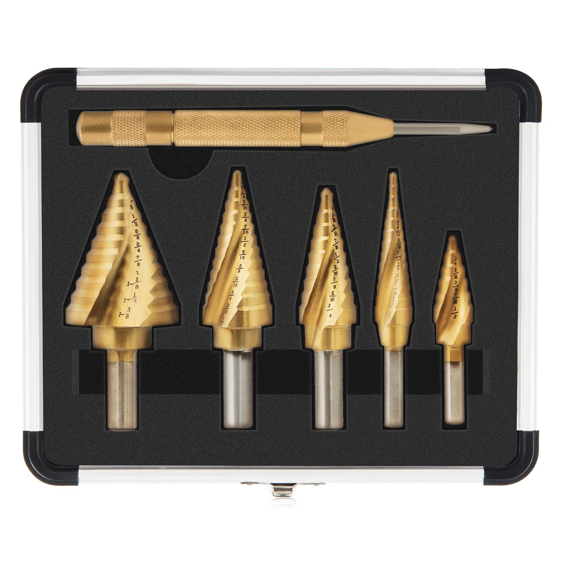 ZELCAN Step Drill Bits, HSS 5PCS Titanium Step Drill Bit Set, Spiral Grooved with Automatic Center Punch, Step bit Set for Sheet Metal with Aluminum Case, Multiple Hole Stepped up Bits for DIY Lovers
