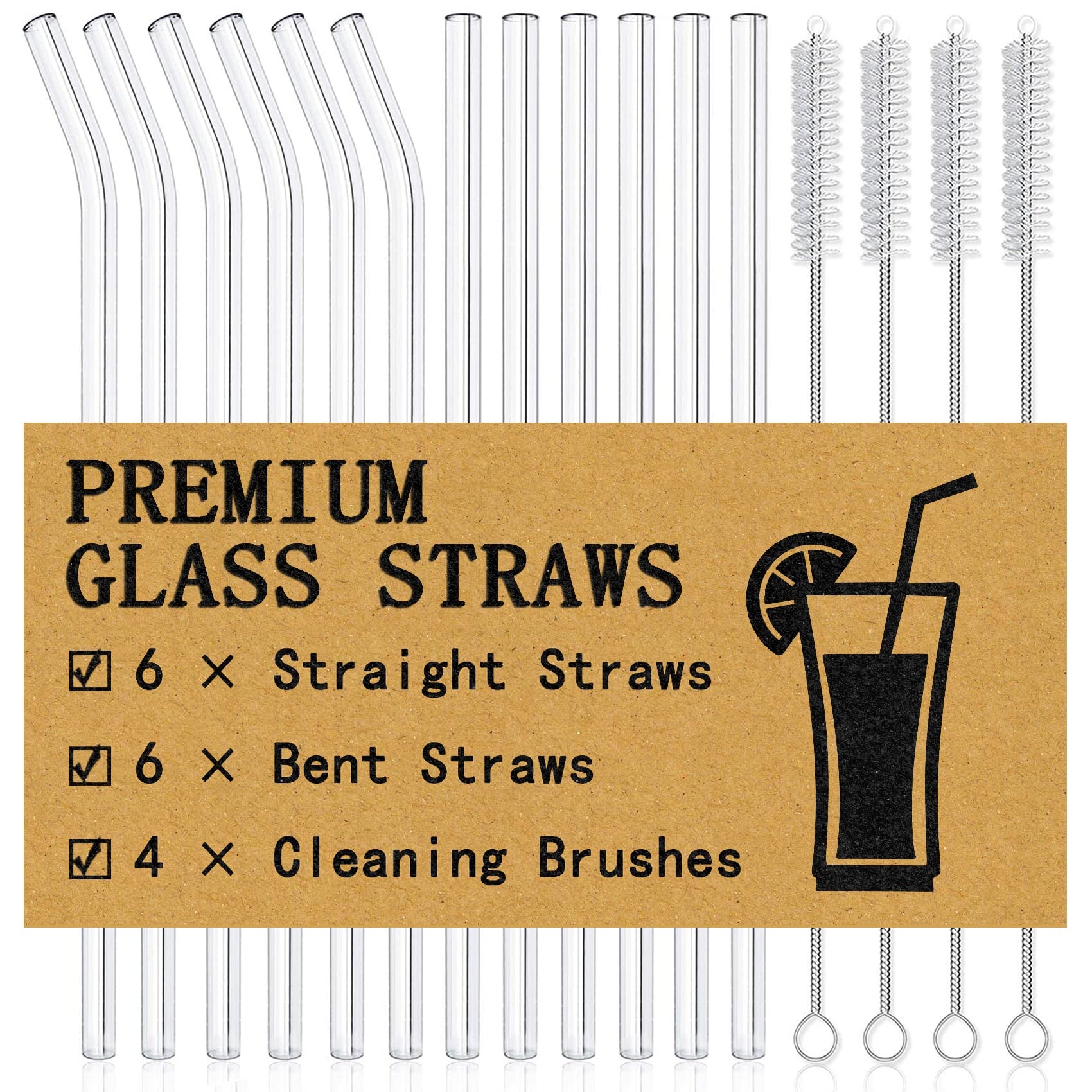 Piteno® 16-Pack Reusable Glass Straws Set, Clear Glass Drinking Straws, 8.5''x10MM, Set of 6 Straight and 6 Bent with 4 Cleaning Brushes, Perfect for Smoothies, Milkshakes, Juice, Tea