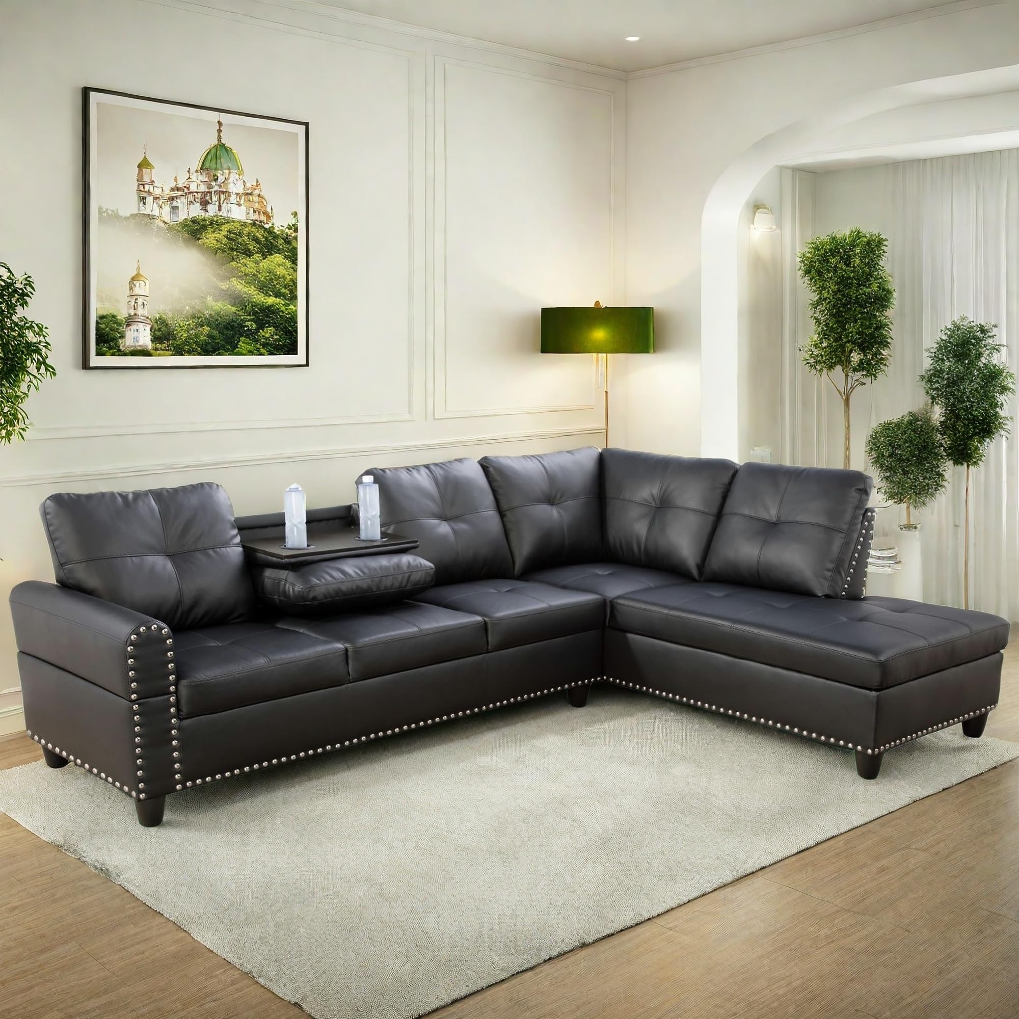 FONTOI Leather Sectional Couch Sofa, Modern Nail-Head Design L Shaped Sectional Sofa for Living Room, 4 Seat L Couch with Cup Holder for Bedroom, Black ZA