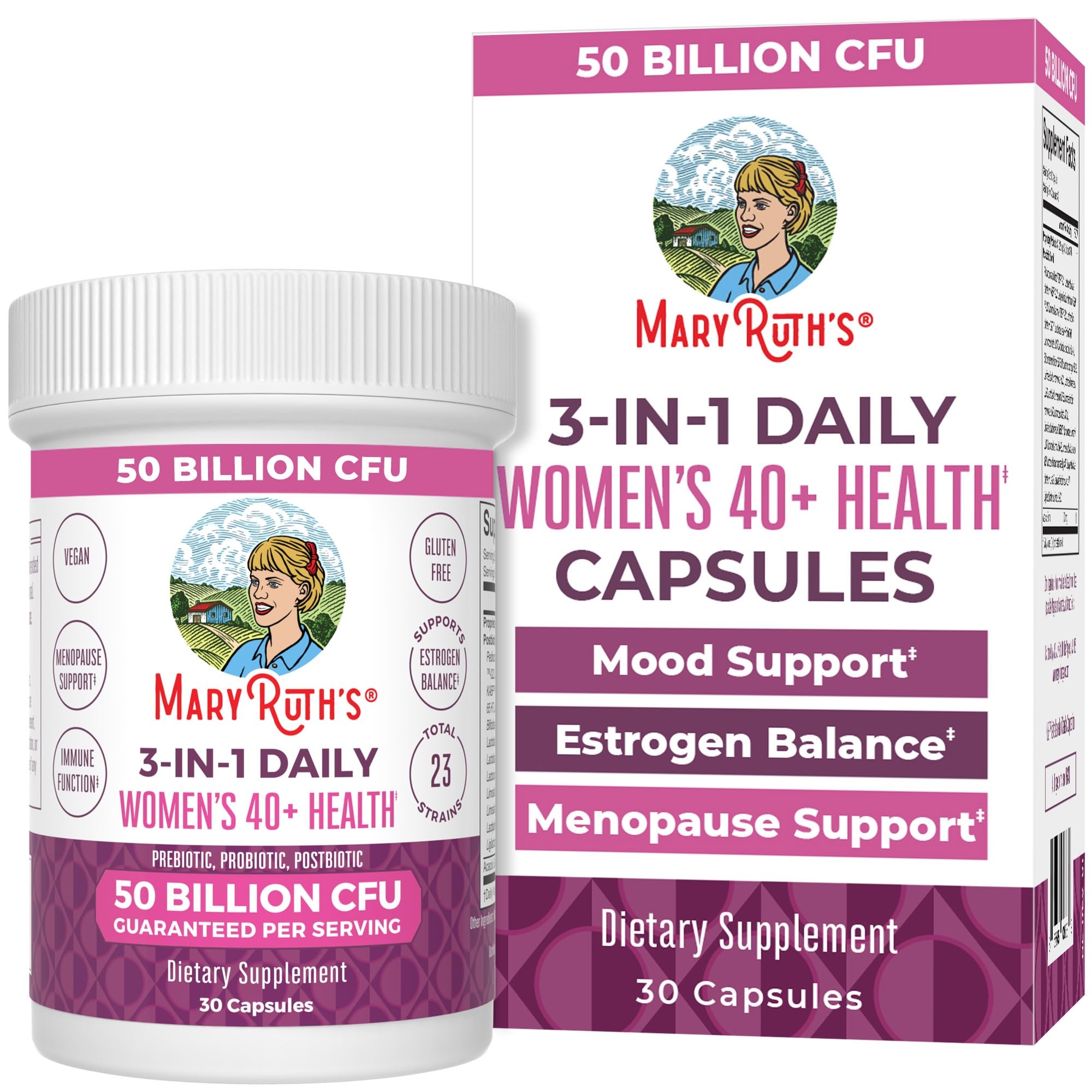 MaryRuth Organics 3-in-1 Daily Health 40+ Probiotics for Women | Clinically Tested | Estrogen Supplement for Women | 50 Billion CFU | Allergen Free | 30 ct