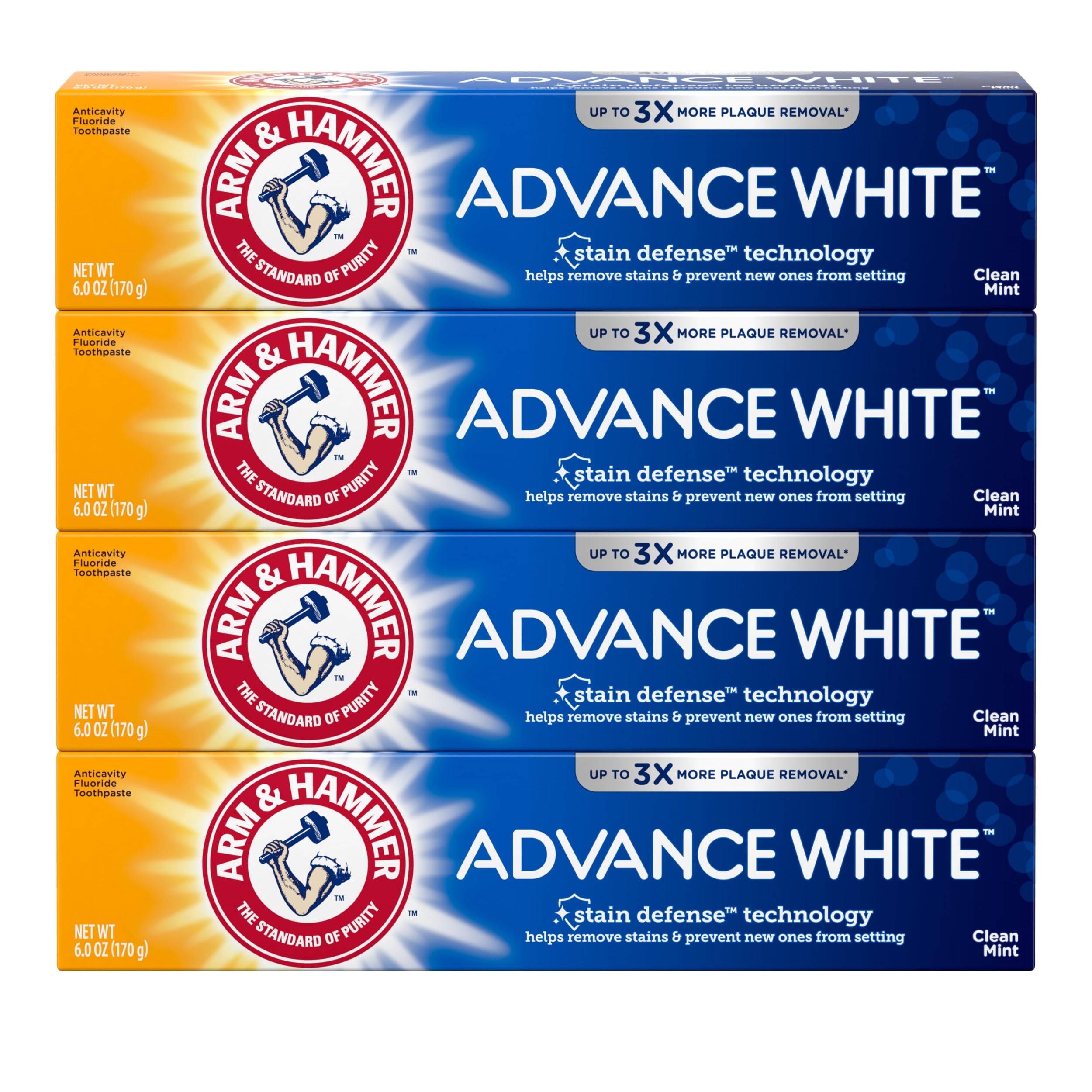 Arm & Hammer Advance White Toothpaste, Clean Mint Flavor, Stain Defense Technology, 6 Ounce (Pack of 4)