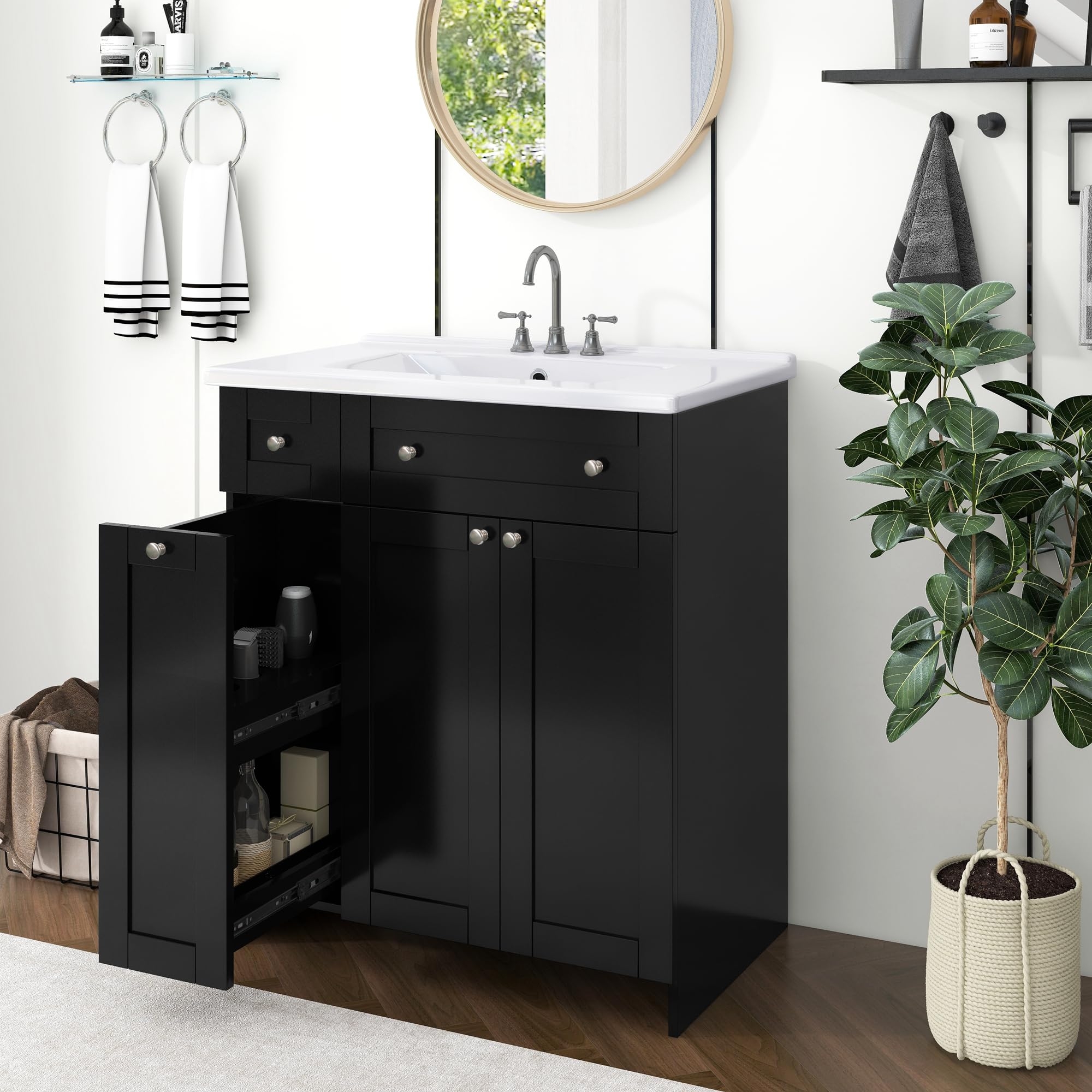 30" Bathroom Vanity with Sink, Modern 30 Inch Vanity with Top for Bathroom, Bathroom Vanity and Sink Combo with Storage Cabinet and Double-Tier Deep Drawer, No Mirro (Black)