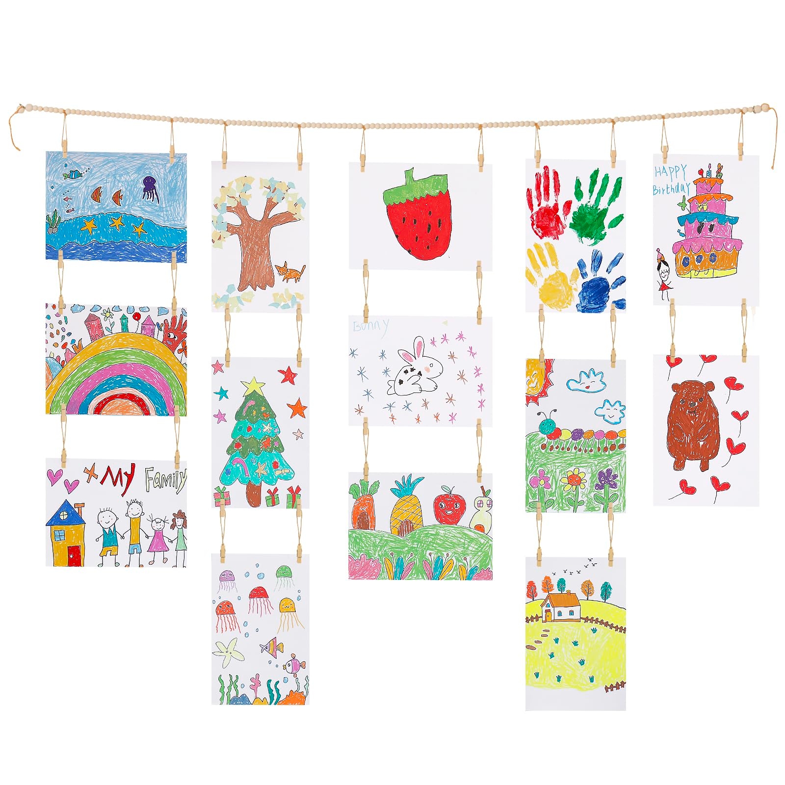 KLOGTSIND Kids Art Display Wall Decor, Wooden Beads Garland Frame Holder with 34 Clips for kids artwork, Photo, Wall Hanging Boho Room Bedroom Decor