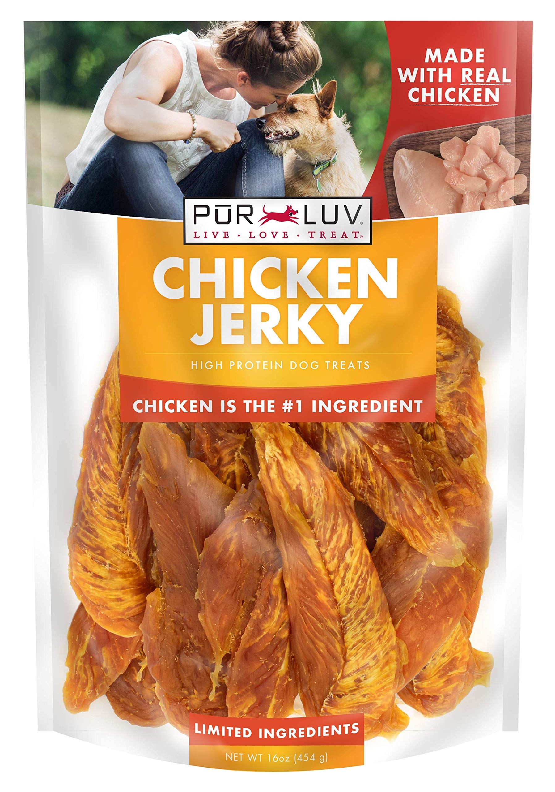Pur Luv Chicken Jerky Dog Treats, Made with 100% Real Chicken Breast, High Protein & Long-Lasting, Easily Digestible Chews with Limited Ingredients, Healthy Snack for Dogs, 16 Ounce Bag
