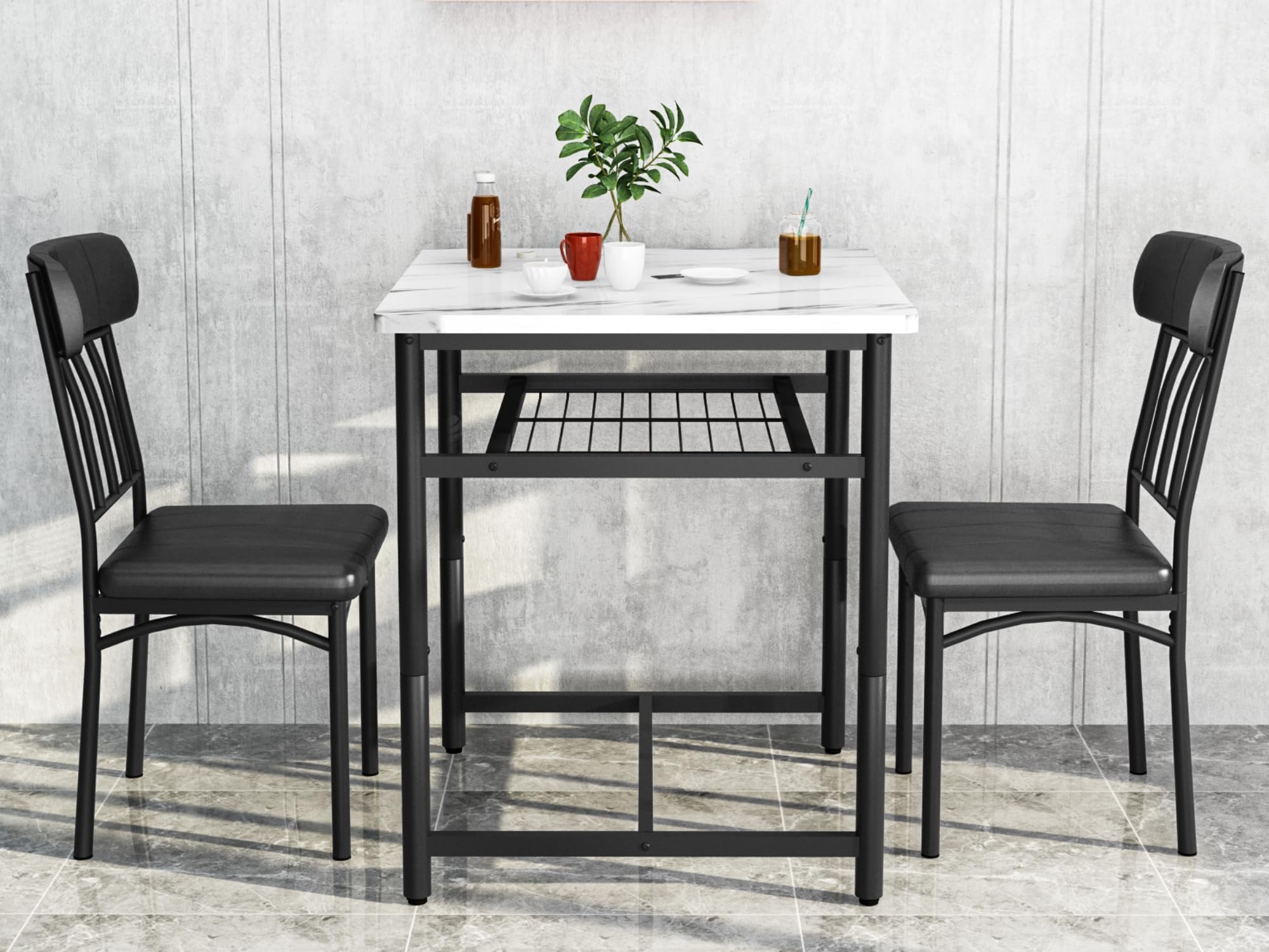 Lamerge 3-Piece Marble Table and Chairs Set, Kitchen Table and Leather Chairs for 2 People, Built-in Wine Rack for Small Space, Square Dinette Kitchen Table Set for Apartment, Studio, Home & Office