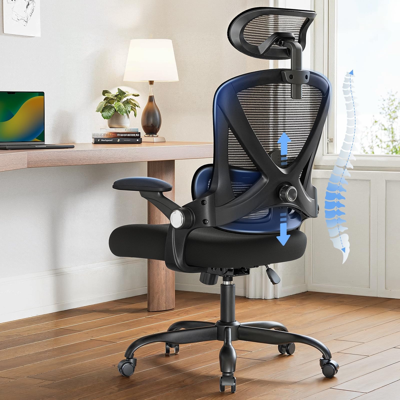 HUANUO Ergonomic Office Chair, High Back Desk Chair with Up&Down Lumbar Support, 3D Flip-Up Armrests, 2D Headrest, Swivel Computer Task Chair with Wheels and Tilt Function for Home & Office, HNOC13