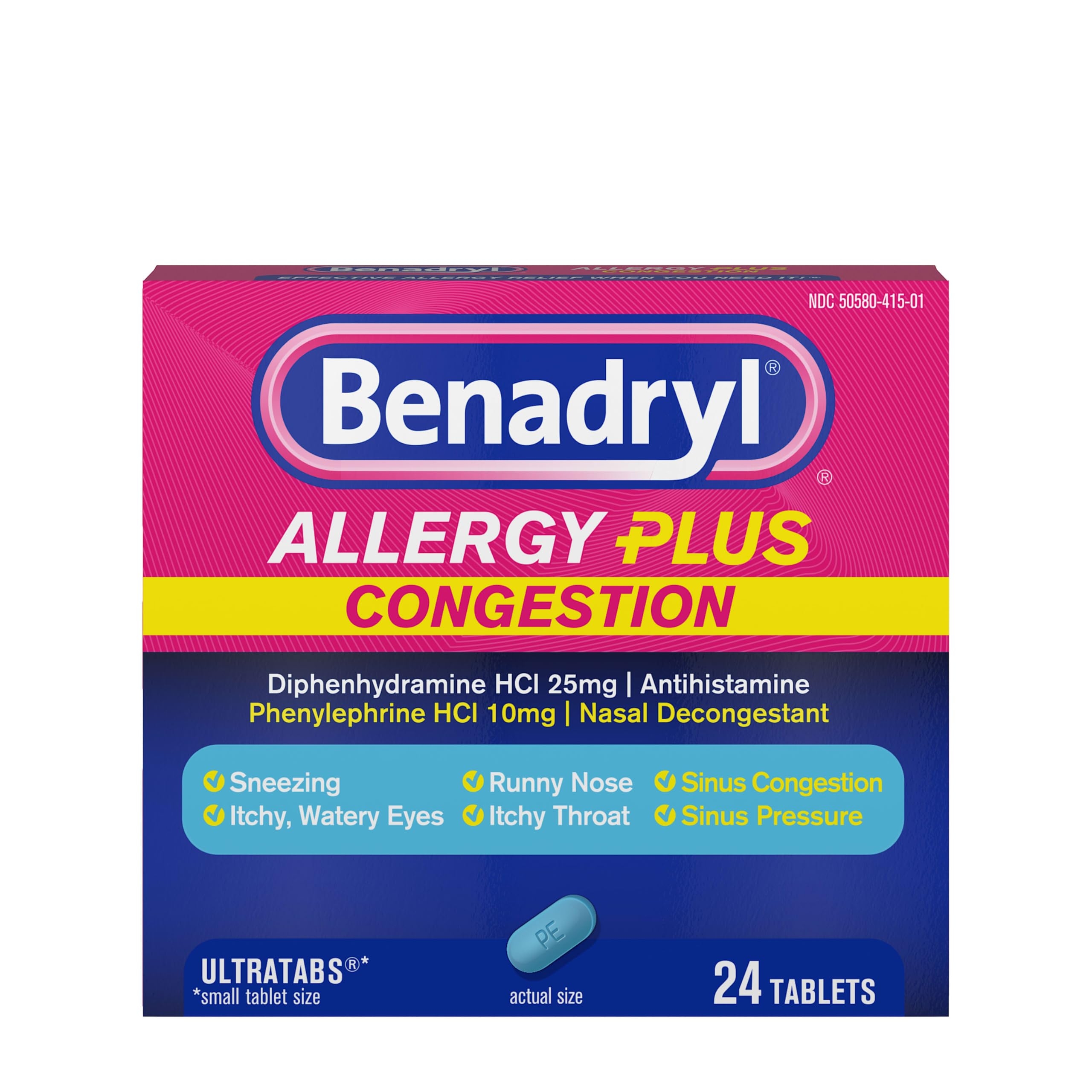 Benadryl Allergy Plus Congestion Ultratabs, Medicine with Diphenhydramine HCl Antihistamine & Phenylephrine HCl Nasal Decongestant, Allergy & Sinus Congestion Relief Tablets, 24 ct