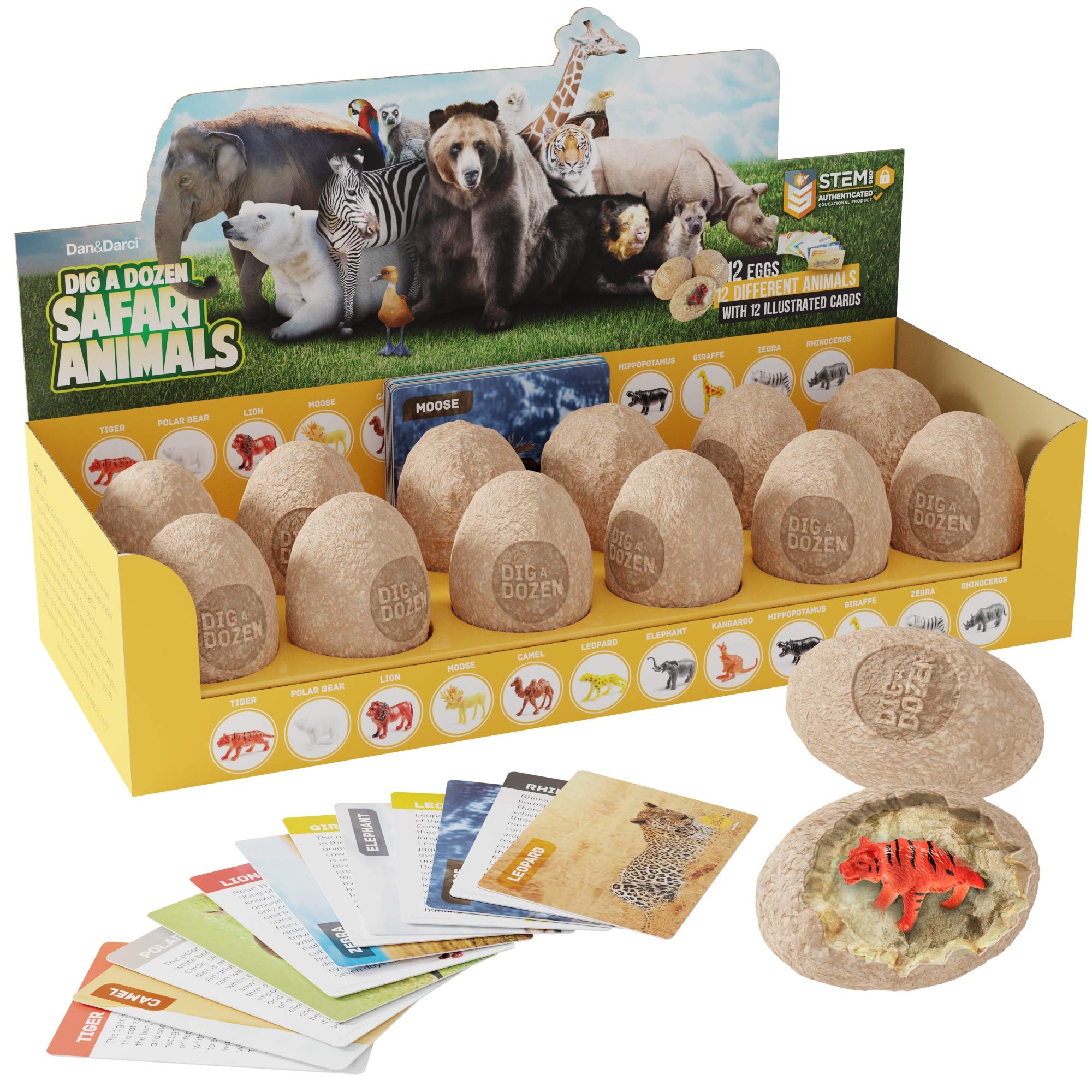 Dig a Dozen Egg Kit - Break Open 12 Eggs and Discover 12 Unique Cute Wild Safari Animals, with Learning Cards - Easter Archaeology Science STEM Gift for Kids