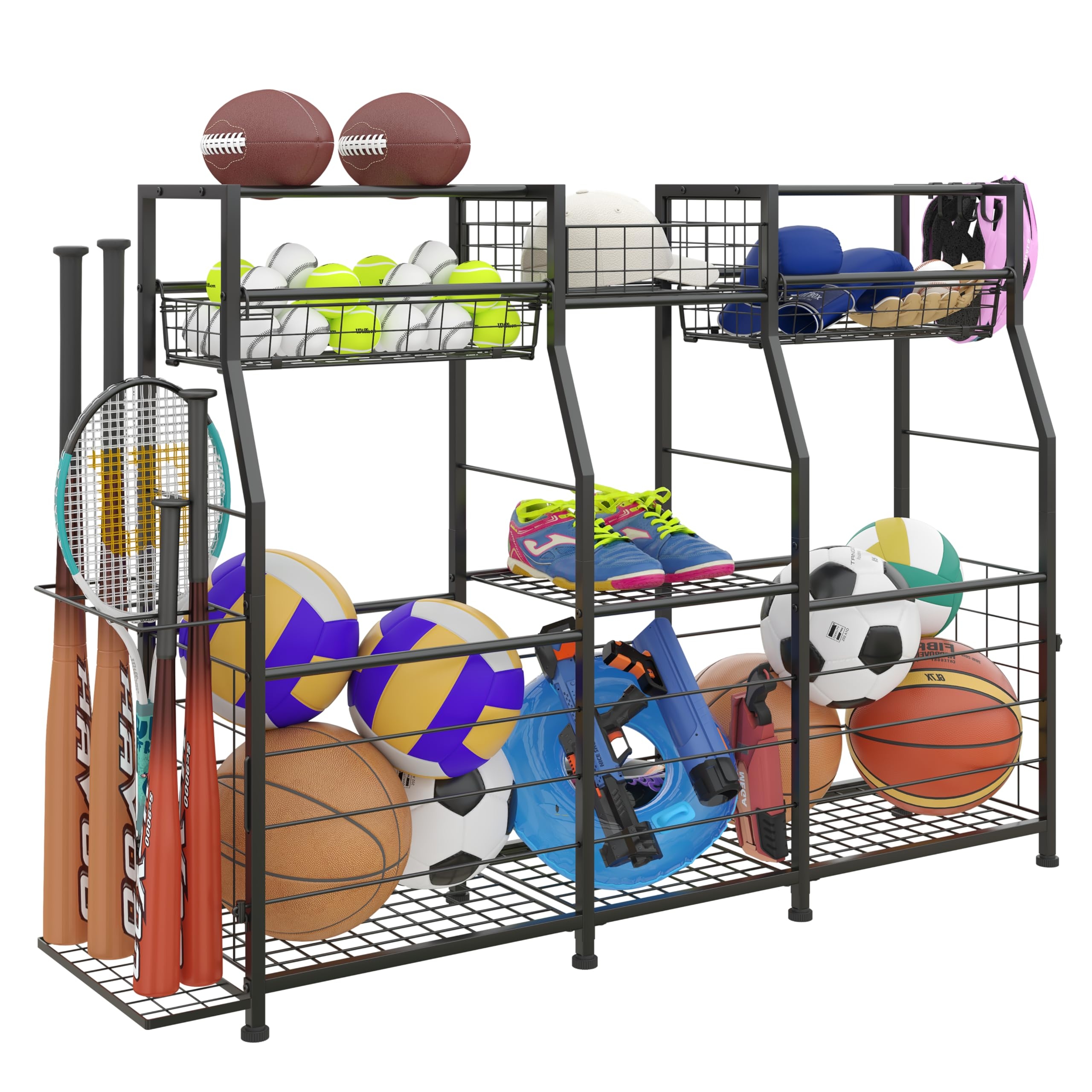 LUMAMU Small Garage Sports Equipment Organizer, Garage Ball Storage Rack, Garage Organizer System, Indoor/Outdoor Shelf Rack for Sports Gear