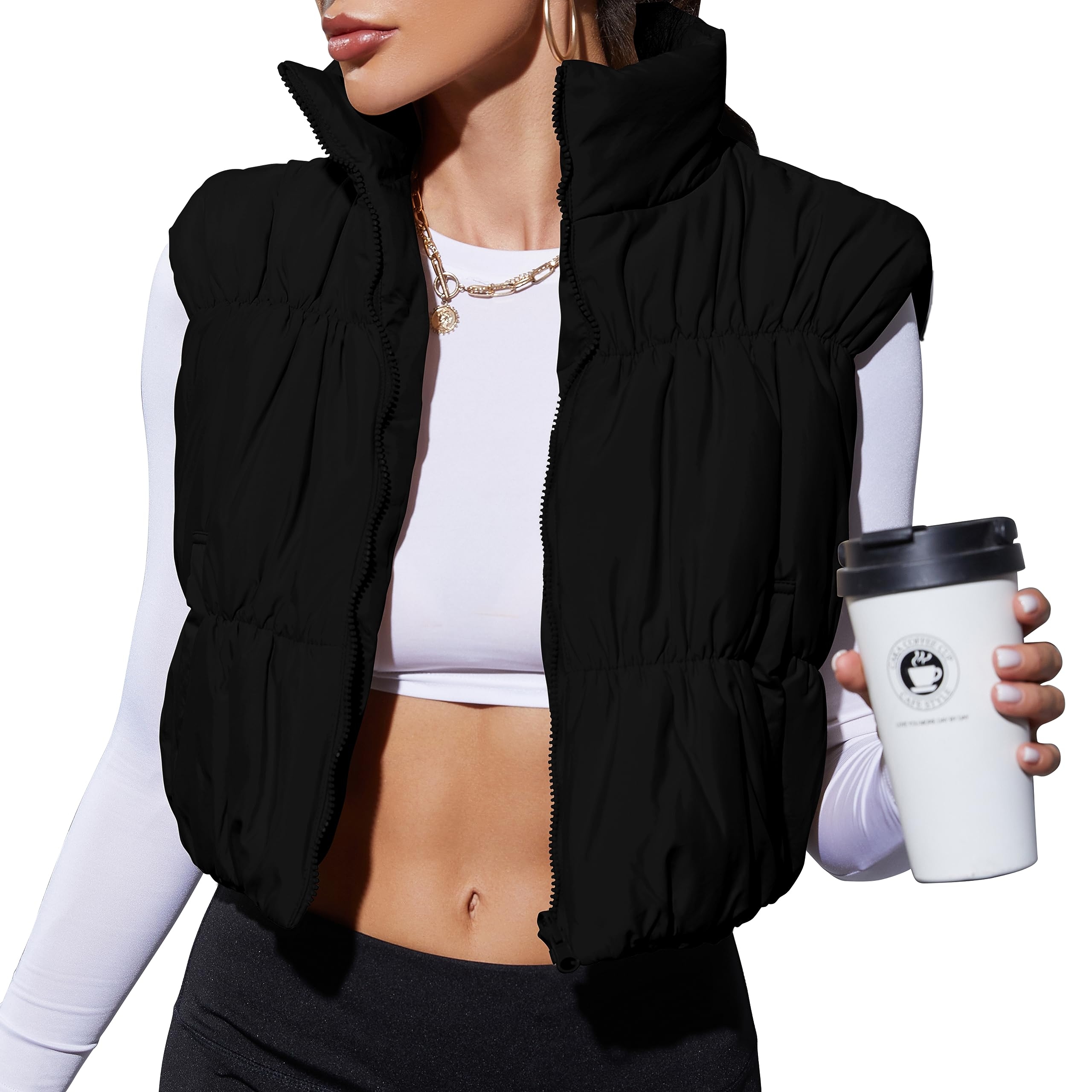 LUYAA Women's Crop Puffer Vest Lightweight Stand Collar Sleeveless Zip Up Padded Gilet Coat Black M