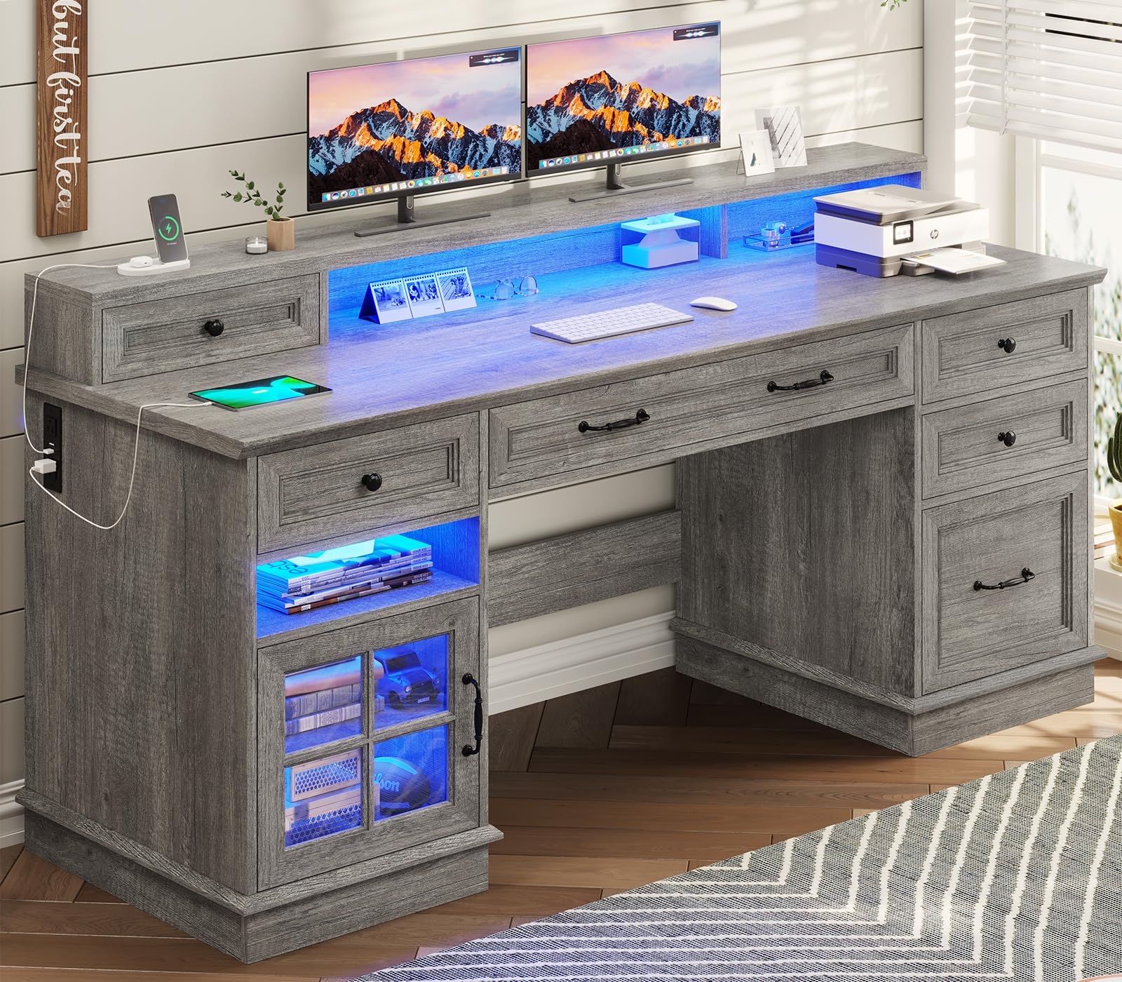 BTHFST Farmhouse Executive Desk with File Drawer, Computer Desk with Charging Station & LED Lights, Home Office Desk with Drawers & Storage Cabinet, Executive Office Desk with Monitor Stand, Grey