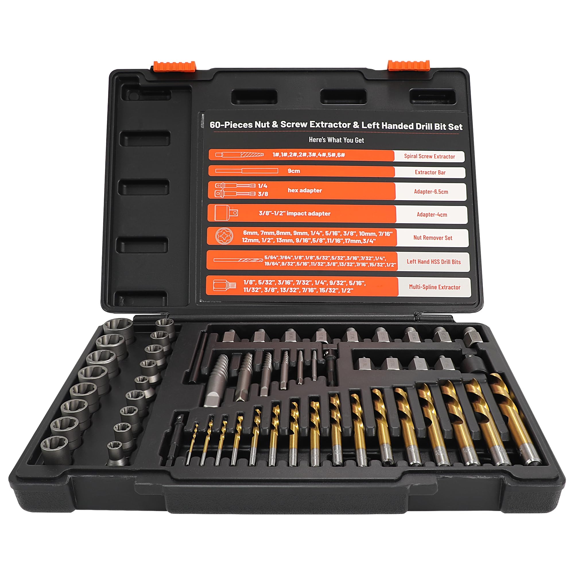 UYECOVE 56Pcs Spiral Screw Extractor Set, Left Hand Drill Bit Set, Easy Out Bolt Extractor Set with Hex Adapter, Multi-Spline Lug Nut Remover for Stripped, Rounded, Damaged, Broken Studs Bolts Screws
