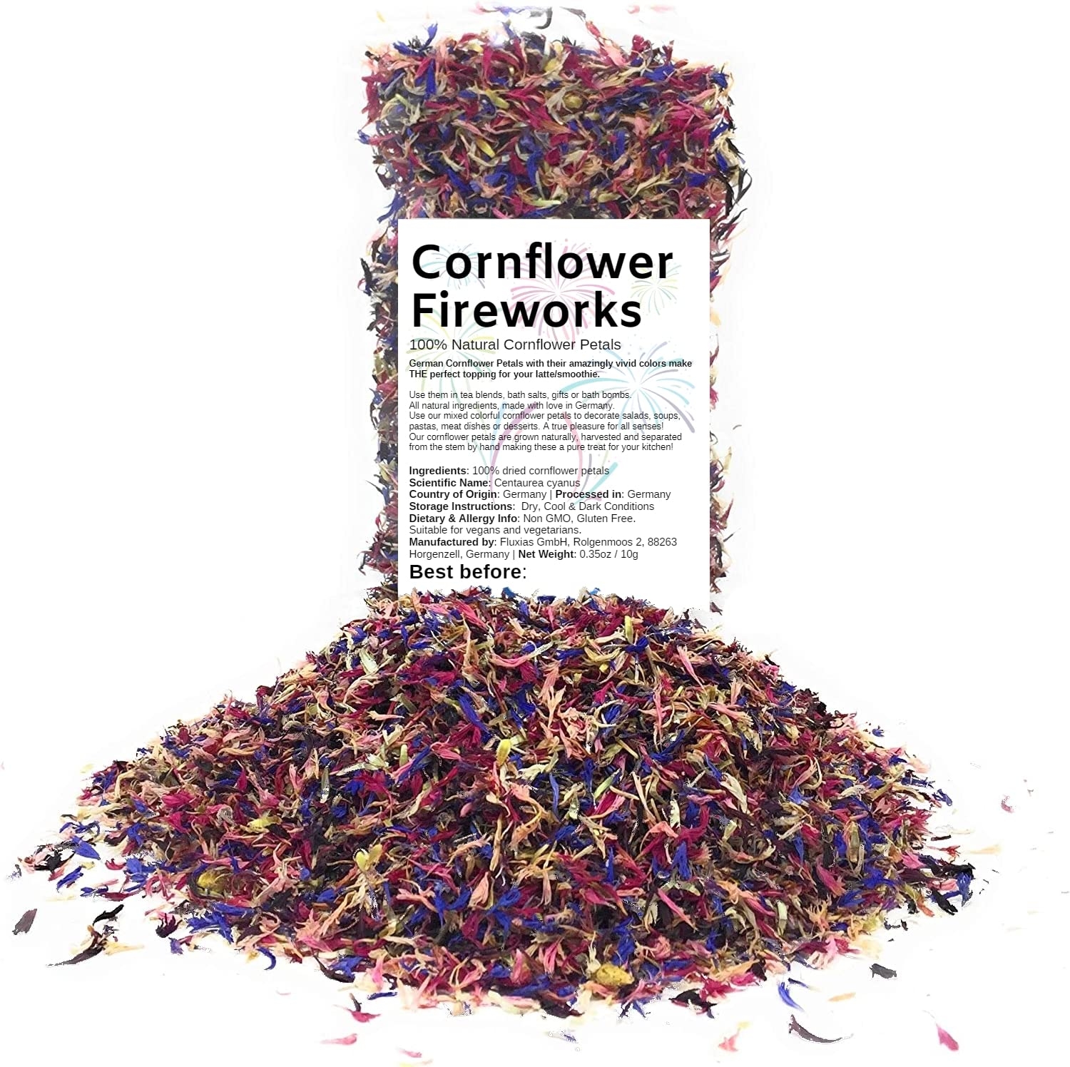Edible Flower Sprinkles - Mesmerizing Cornflower Fireworks Petals - 100% Natural Centaurea Cyanus, Grown in Germany - Dried Colorful Cornflowers for Herbal Tea, Topping on Cupcakes, Desserts