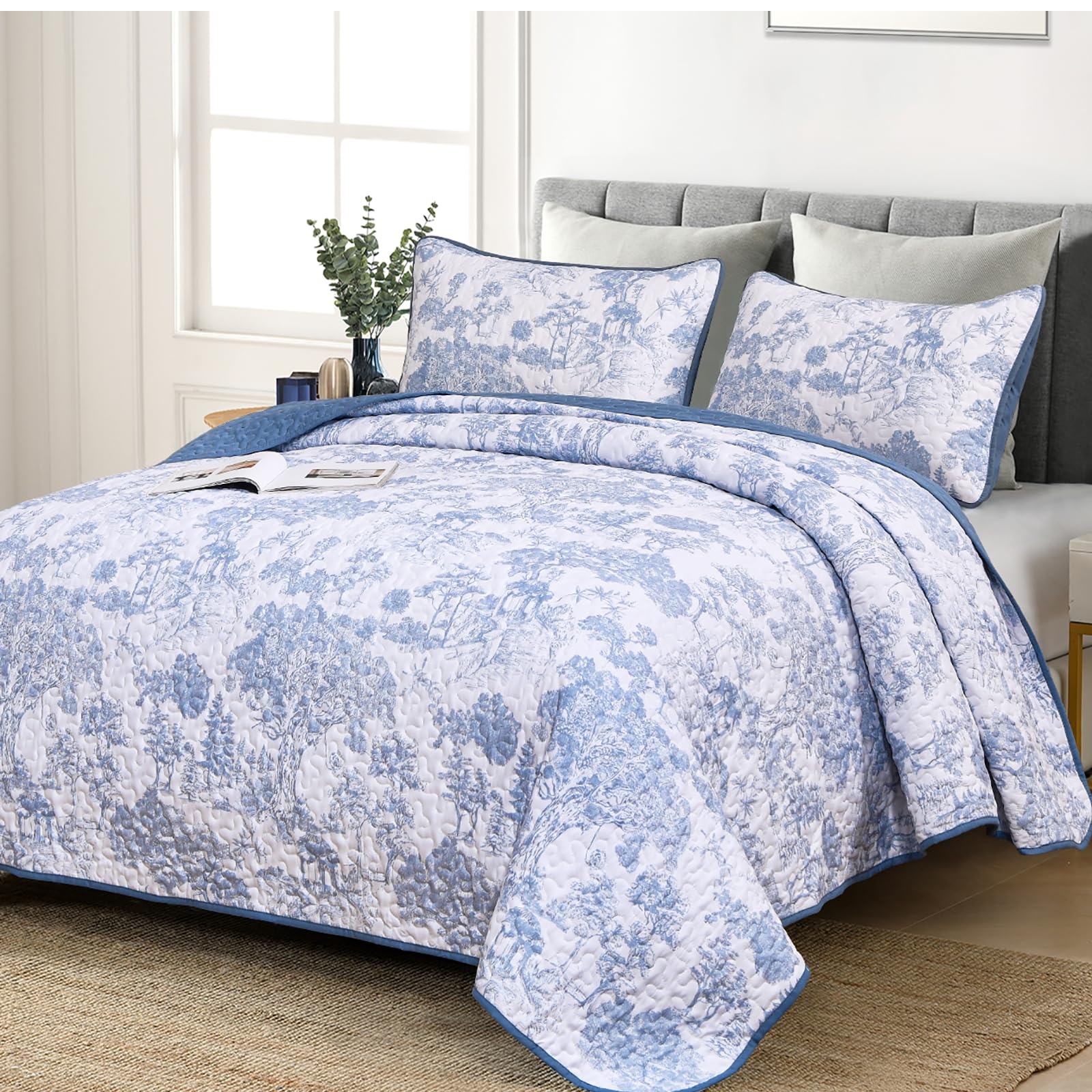 WONGS BEDDING Blue Quilt Set King Size, 3 Pieces Botanical Bedspreads Set Lightweight Microfiber Blue Toile Plants Pattern Coverlet Home Decor for All Seasons(104"×90")