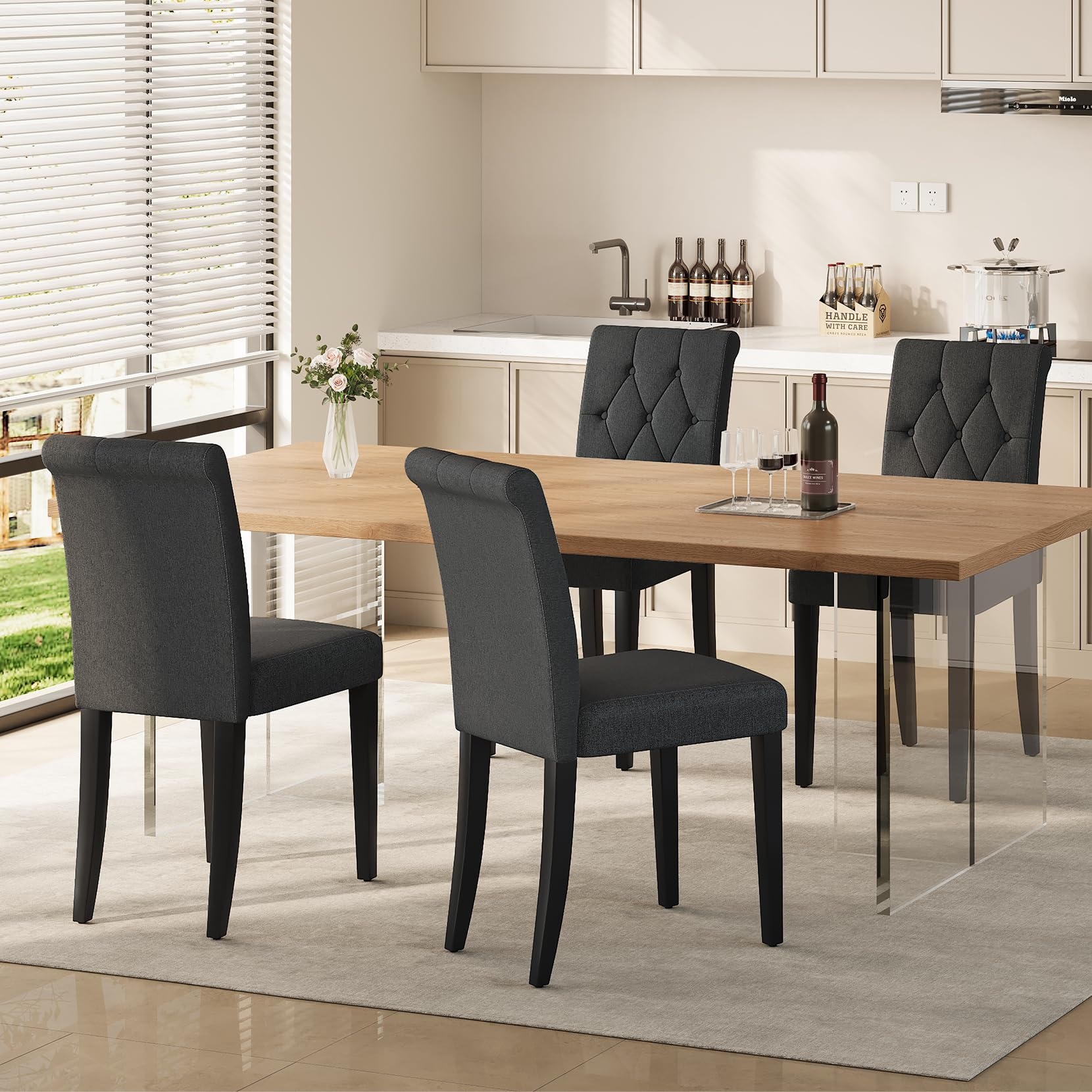 Welzona Upholstered Dining Chairs Set of 4, Button Tufted Parsons Dining Chair with Solid Wood Legs, Modern Fabric Side Chair for Dining Room/Kitchen/Restaurant/Hotel- Black