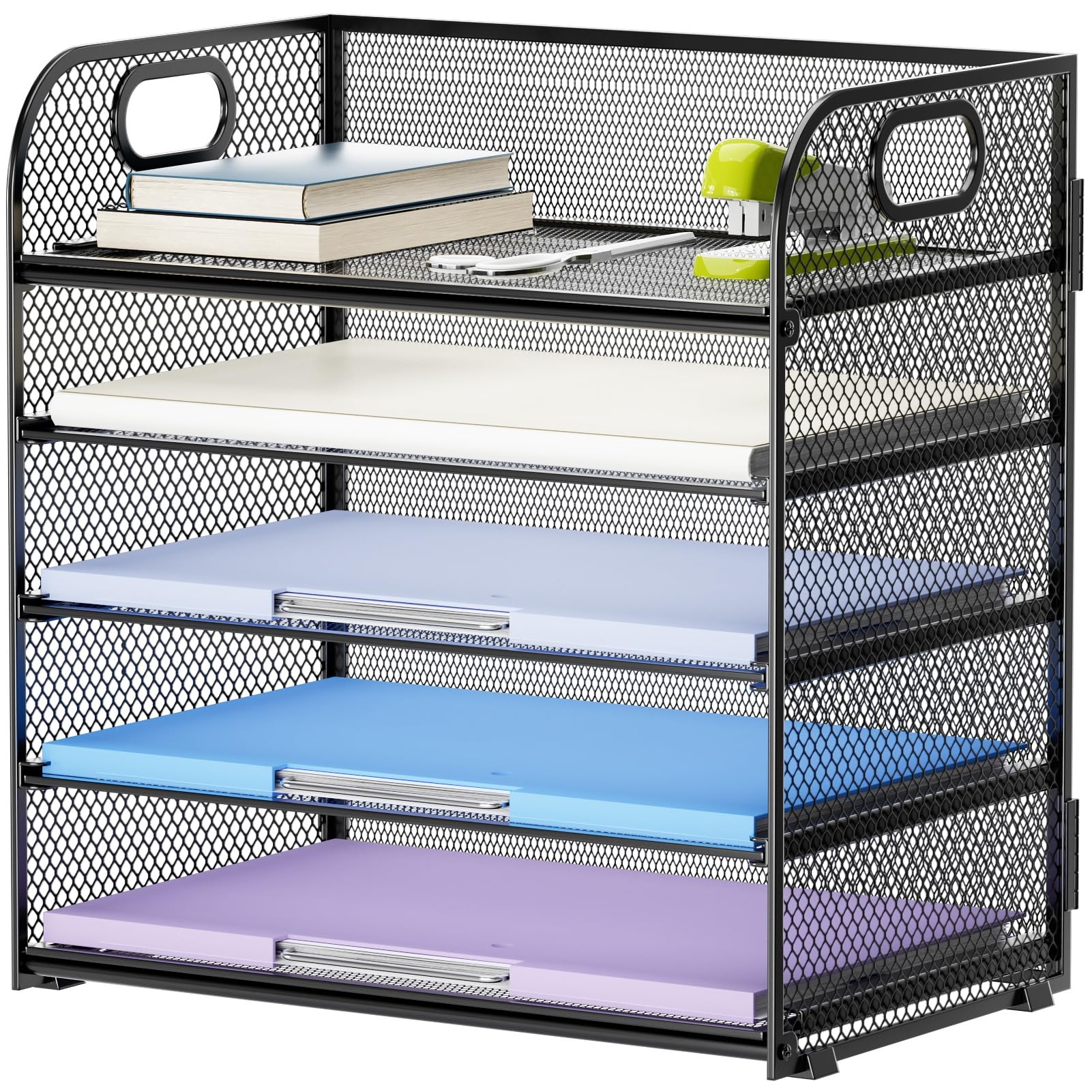 Marbrasse 5 Tier Paper Organizer Letter Tray, Mesh Desk File Organizer with Handle, Paper Sorter Desk Organizer for Home Office Supplies(Black)