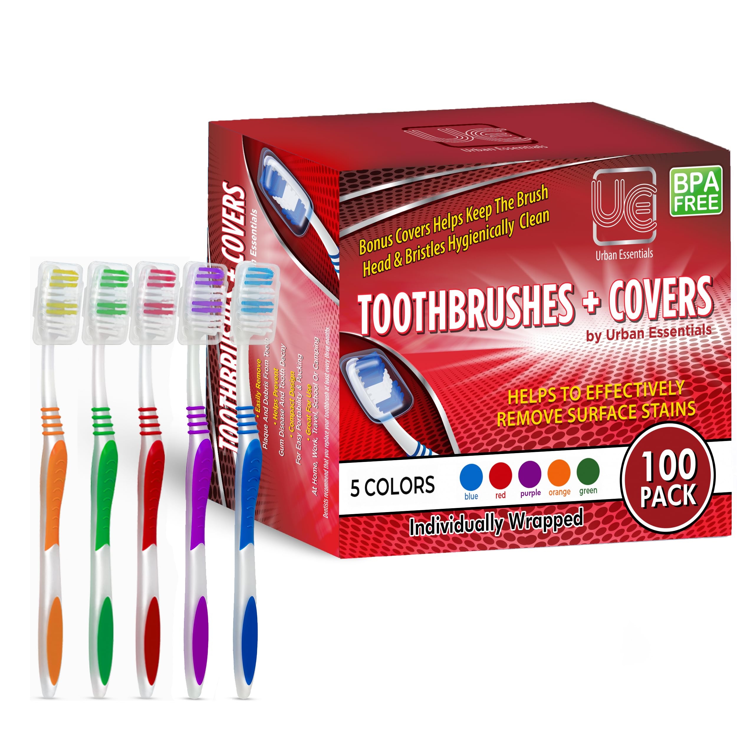 Urban Essentials Bulk Toothbrush Package with Covers | Premium Quality Individually Wrapped Colorful Tooth Brushes | Medium Soft Toothbrush Hygienic Cap for Donations, Travel, Hotels (100 Pack)