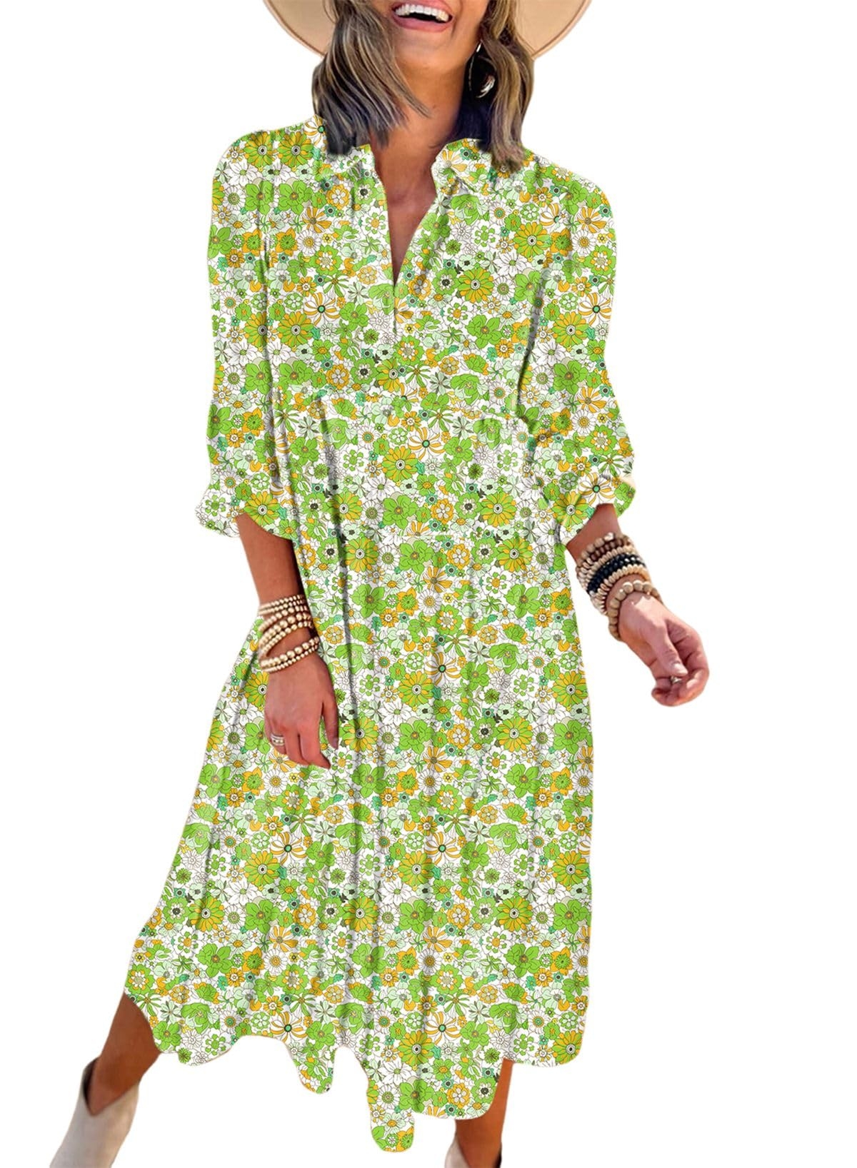 Dokotoo Women's Casual Loose Bohemian Floral Dresses 2025 Long Puff Sleeve V Neck Ruffle A Line Flowy Summer Beach Dress