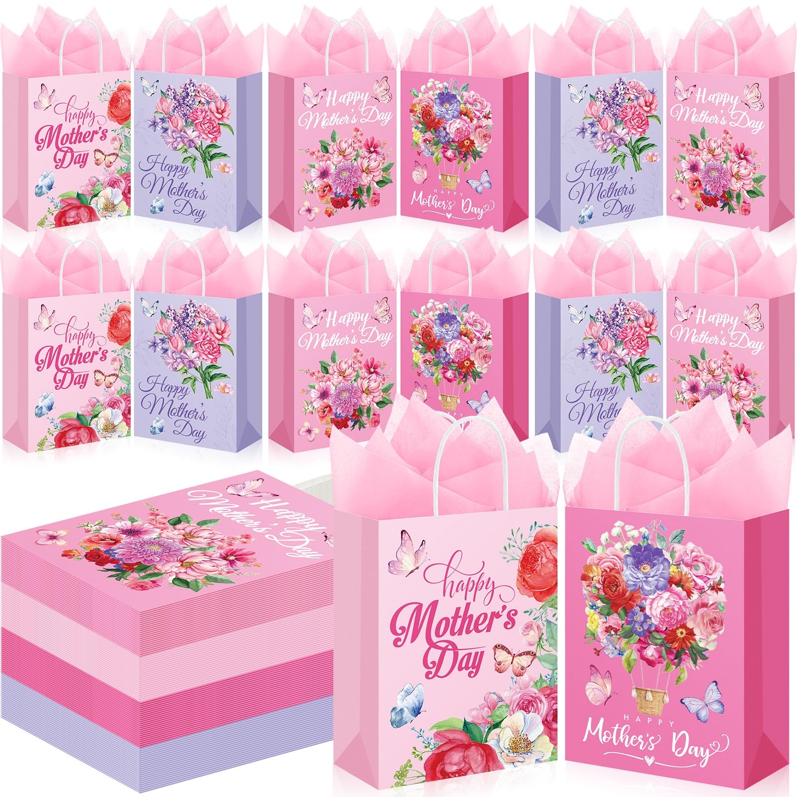 Kolldenn 100 Pcs Mother's Day Gift Bags Bulk Floral Happy Mothers Day Tissue Papers Floral Paper Bags with Handle for Mom Grandma Wife Mother's Day Gift Wrapping Supplies