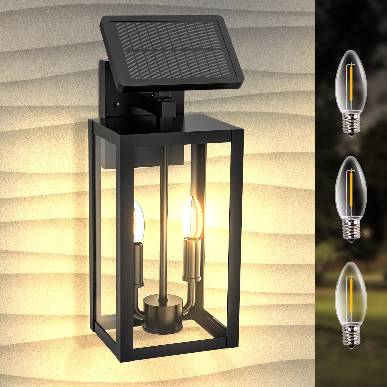 CNCHUROU 16" Dusk to Dawn Outdoor Wall Lights Fixtures With Sensor, 2-Light Exterior Solar Wall Lights Outdoor, Black, Modern Style, Waterproof, IP65, 240 Lumen, 1 Pack