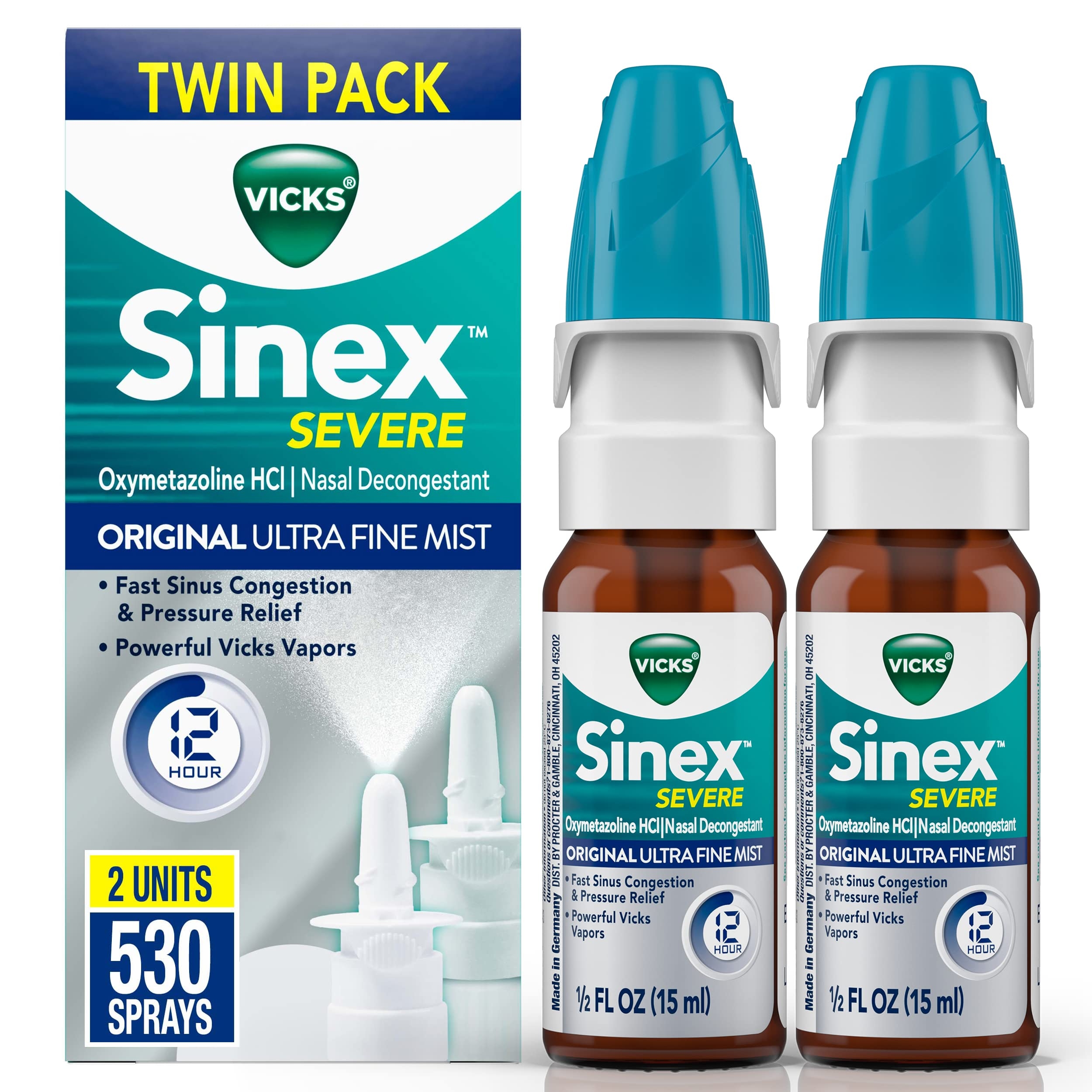Vicks Sinex SEVERE Allergy & Sinus Nasal Spray, Original Ultra Fine Mist, Decongestant Medicine, Relief from Nasal Congestion due to Cold or Allergy, Sinus Pressure Relief, 265 Sprays x 2