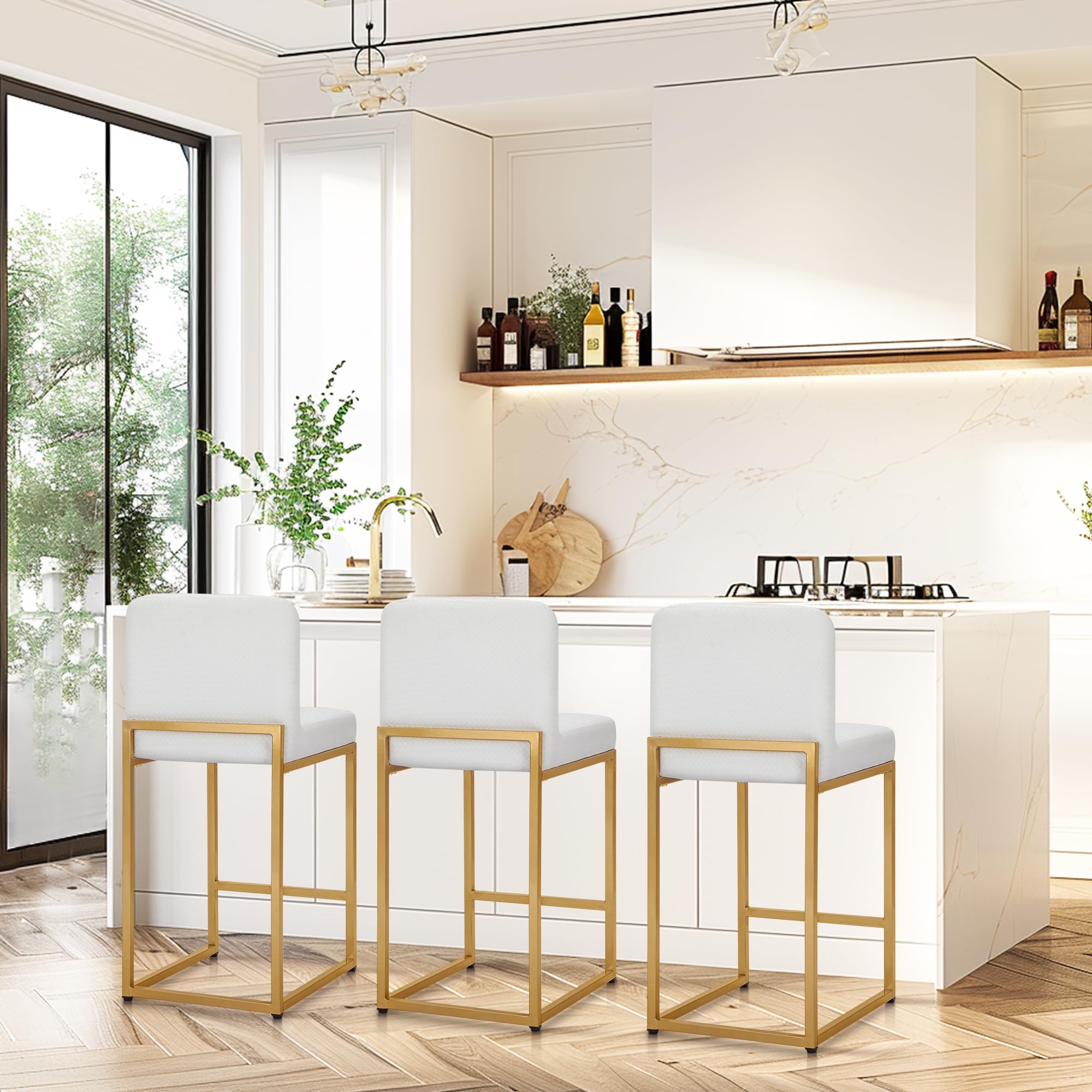 PHI VILLA Bar Stools Set of 3 - Counter Height Bar Stool Leather Stools for Kitchen Counter, White and Gold Bar Stools with Back