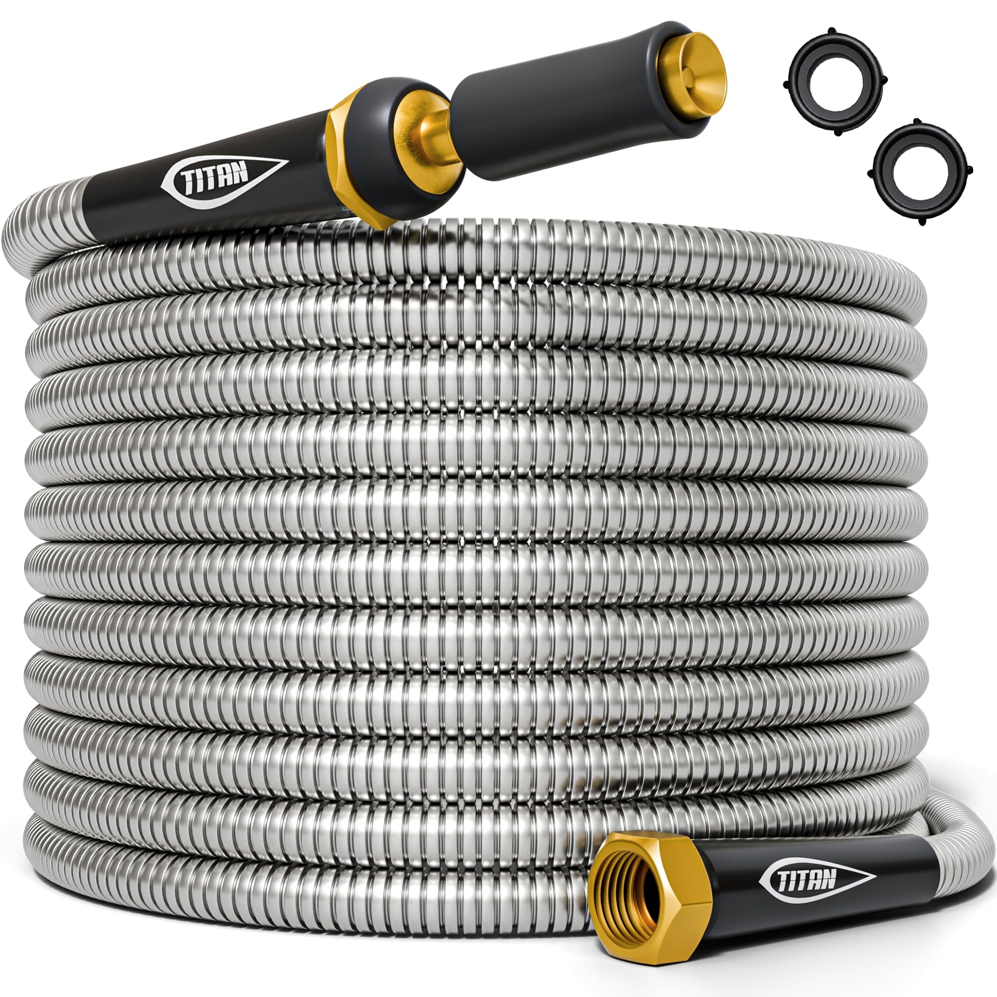 TITAN Garden Hose 75FT - 304 Stainless Steel Metal Water Hose, Flexible, Kink-Free, Lightweight, Durable, Crush Resistant Fittings, Easy to Coil, 500 PSI